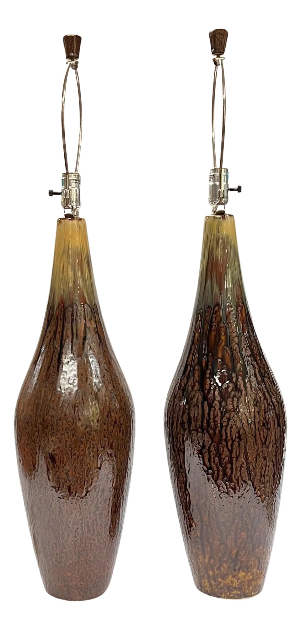 Mid-Century Modern Amber and Brown Glazed Ceramic Table Lamps - A Pair: Pair of very tall vintage ceramic table lamps, 37 inches to the finials, with iridescent brown and amber drip glazed finish. Each in excellent condition, ready for use. Condition: Alterations: Unknown