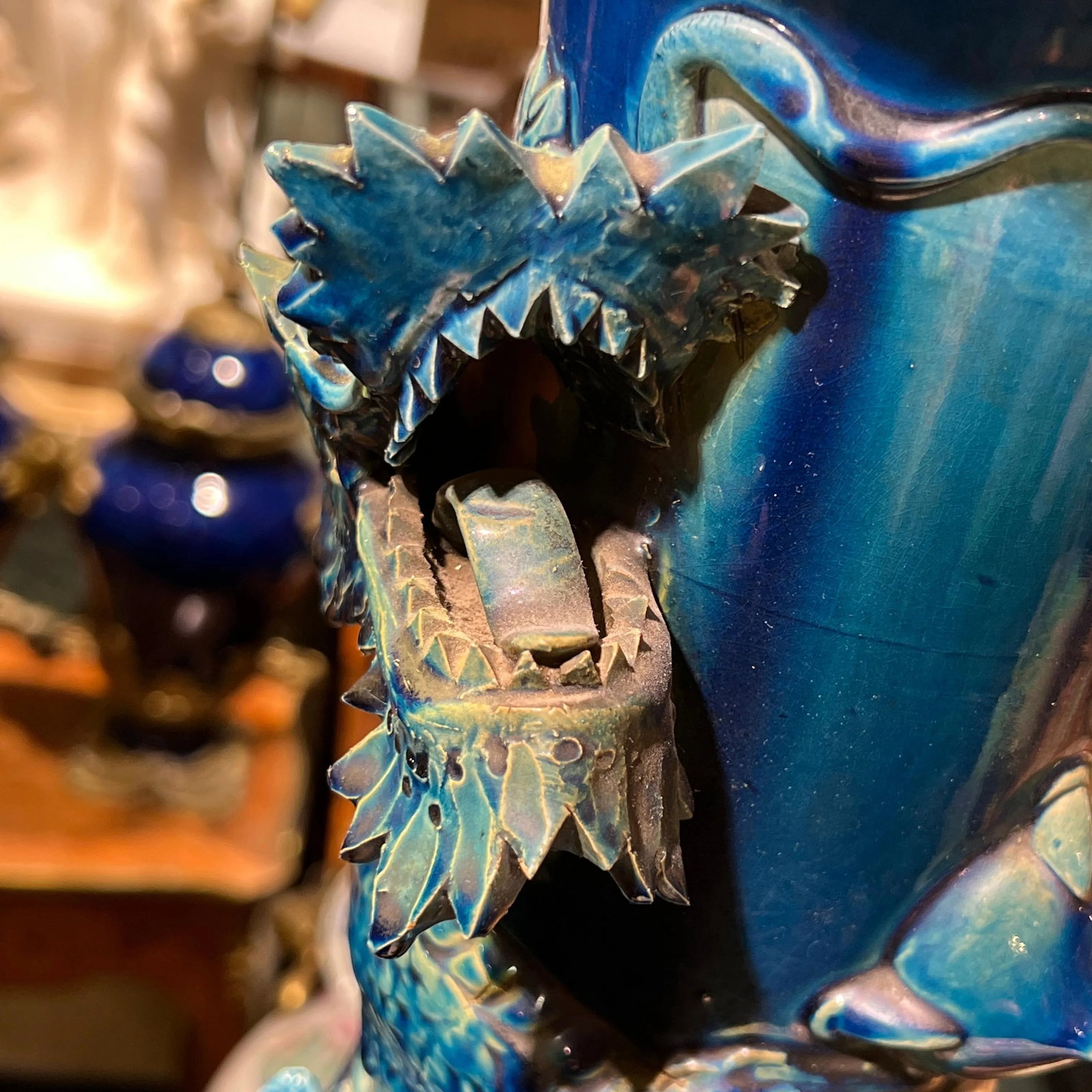 very large Japanese Blue Flambe Glazed Ceramic Dragon Vase - 10