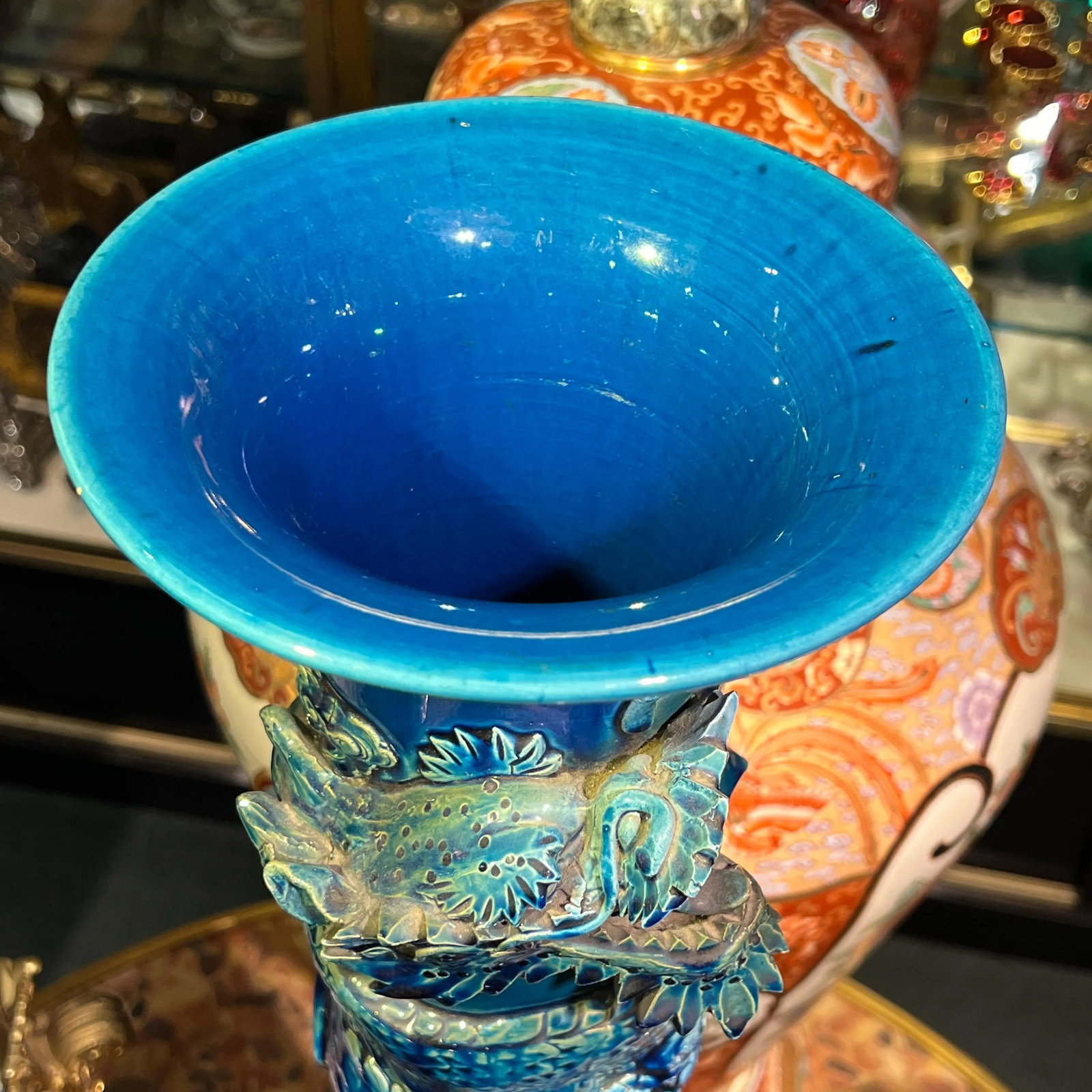 very large Japanese Blue Flambe Glazed Ceramic Dragon Vase - 11