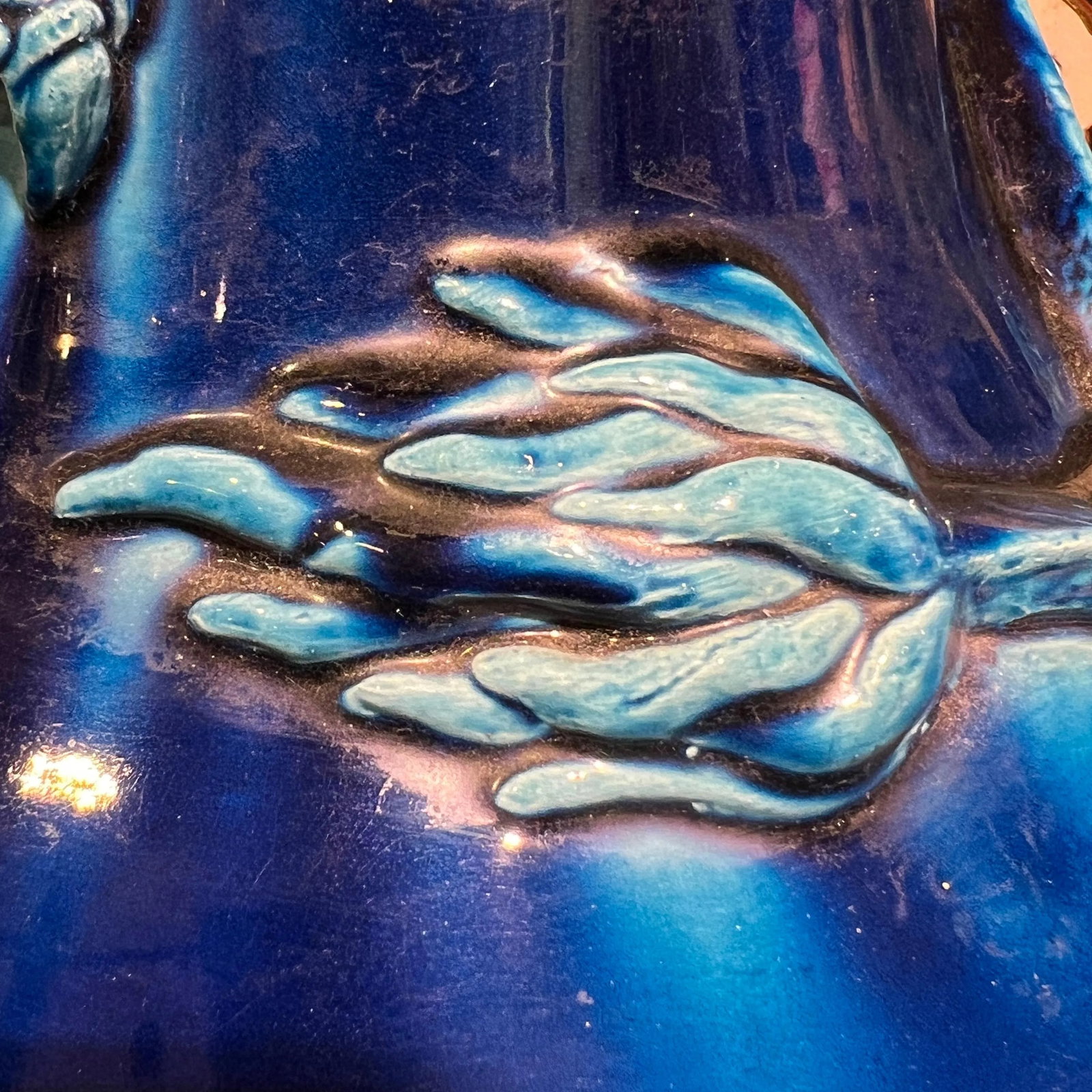 very large Japanese Blue Flambe Glazed Ceramic Dragon Vase - 12
