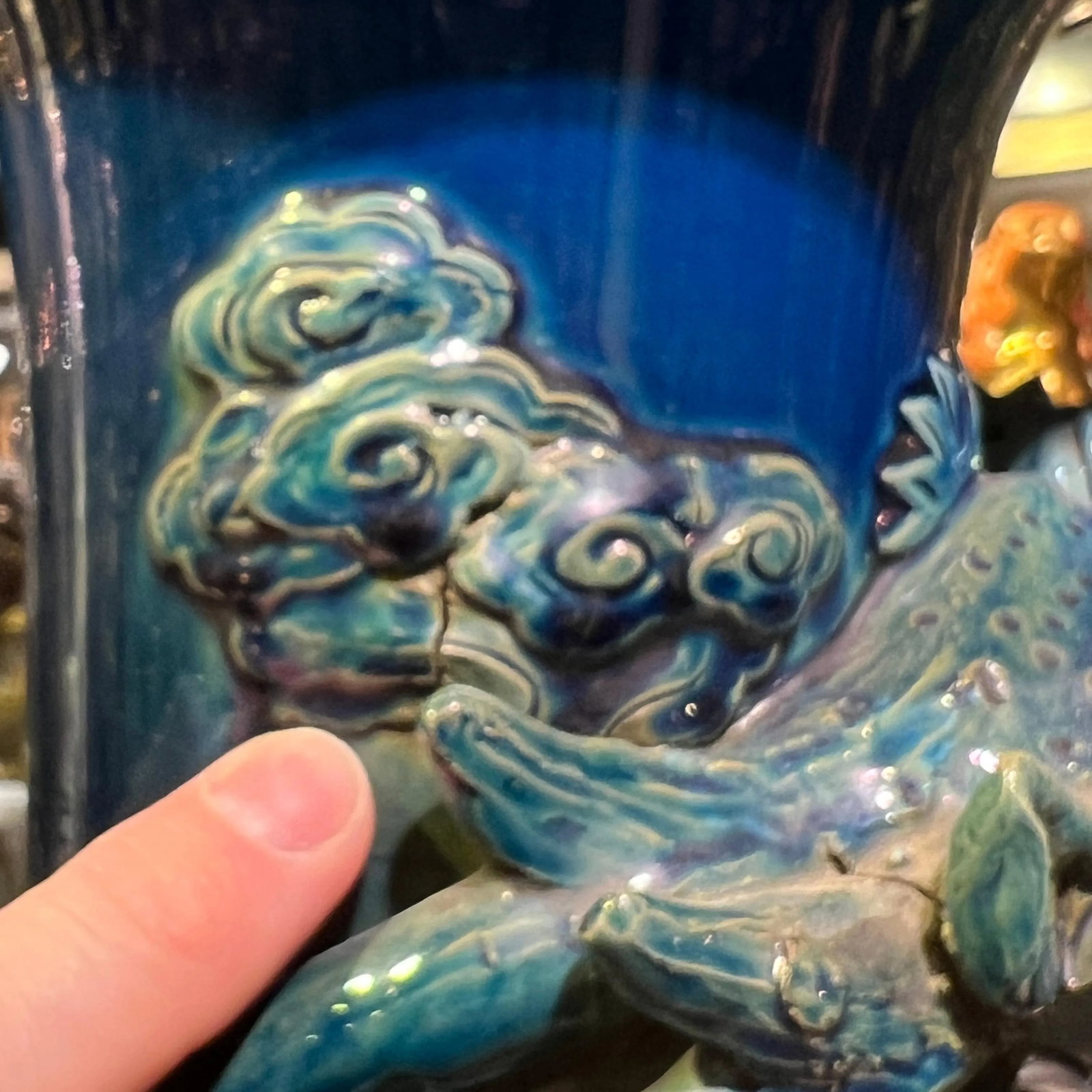 very large Japanese Blue Flambe Glazed Ceramic Dragon Vase - 2