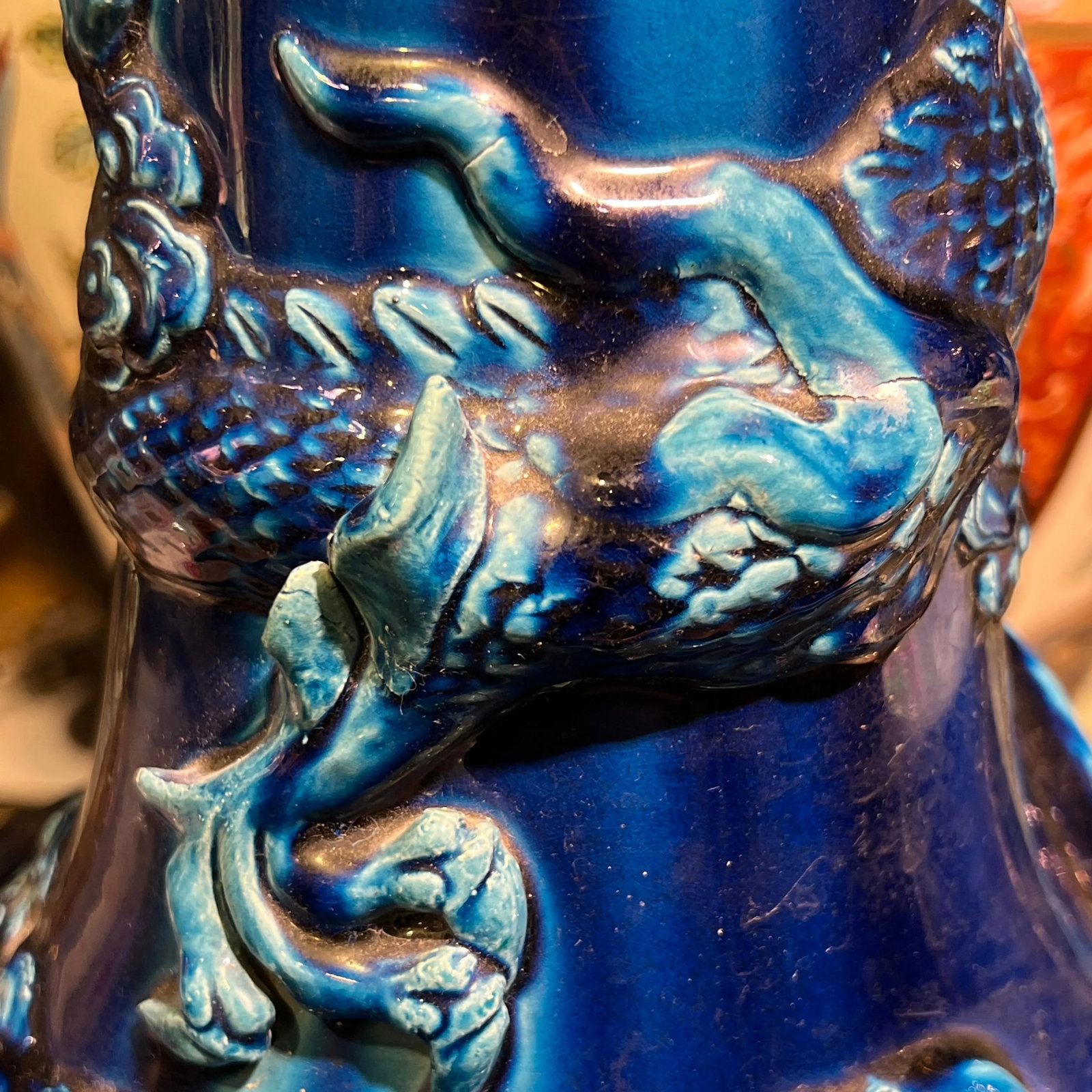 very large Japanese Blue Flambe Glazed Ceramic Dragon Vase - 4