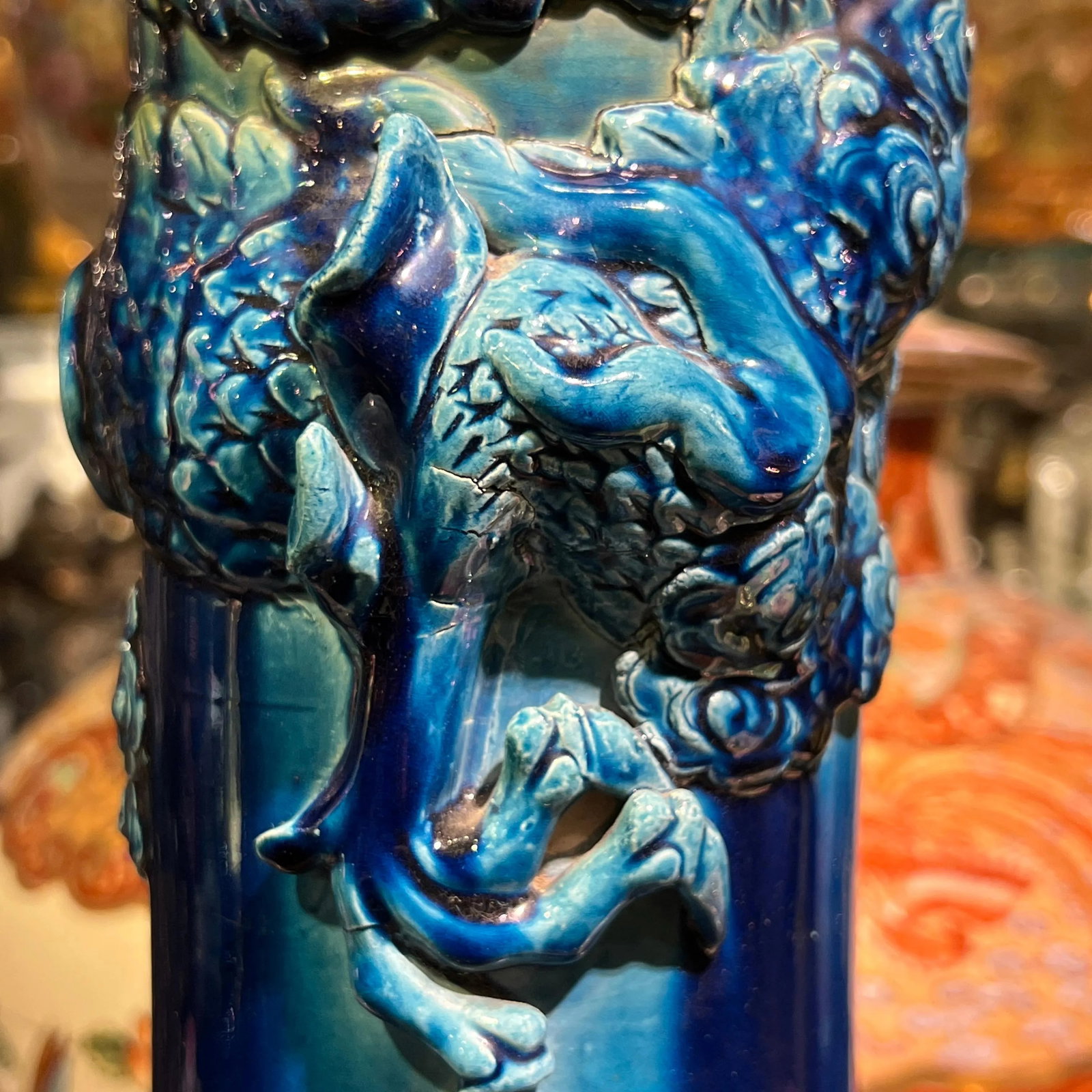 very large Japanese Blue Flambe Glazed Ceramic Dragon Vase - 5