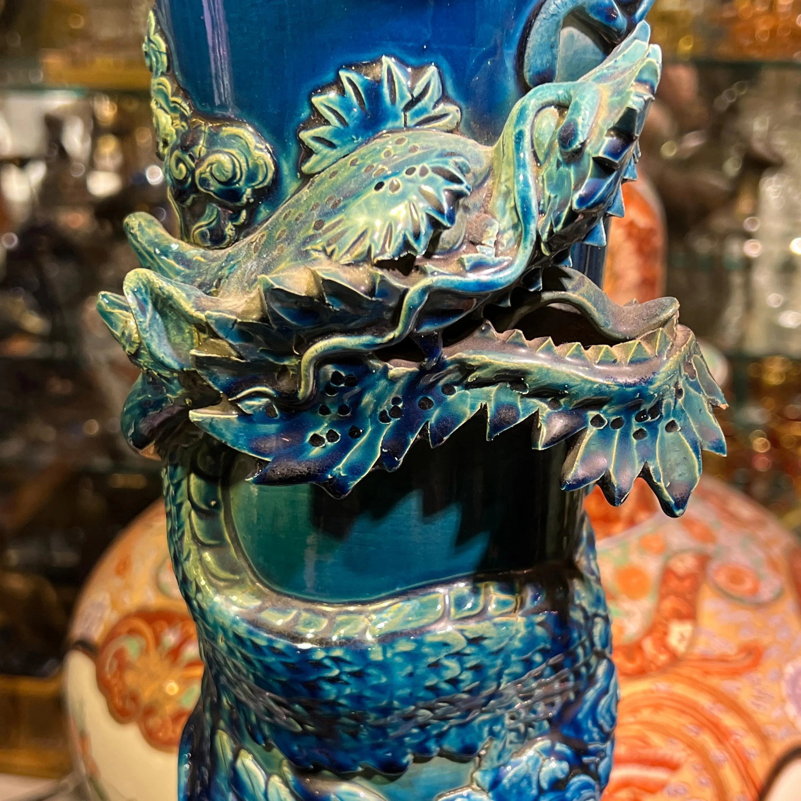 very large Japanese Blue Flambe Glazed Ceramic Dragon Vase - 6