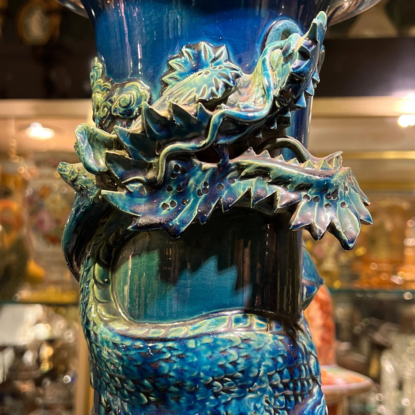 very large Japanese Blue Flambe Glazed Ceramic Dragon Vase - 7