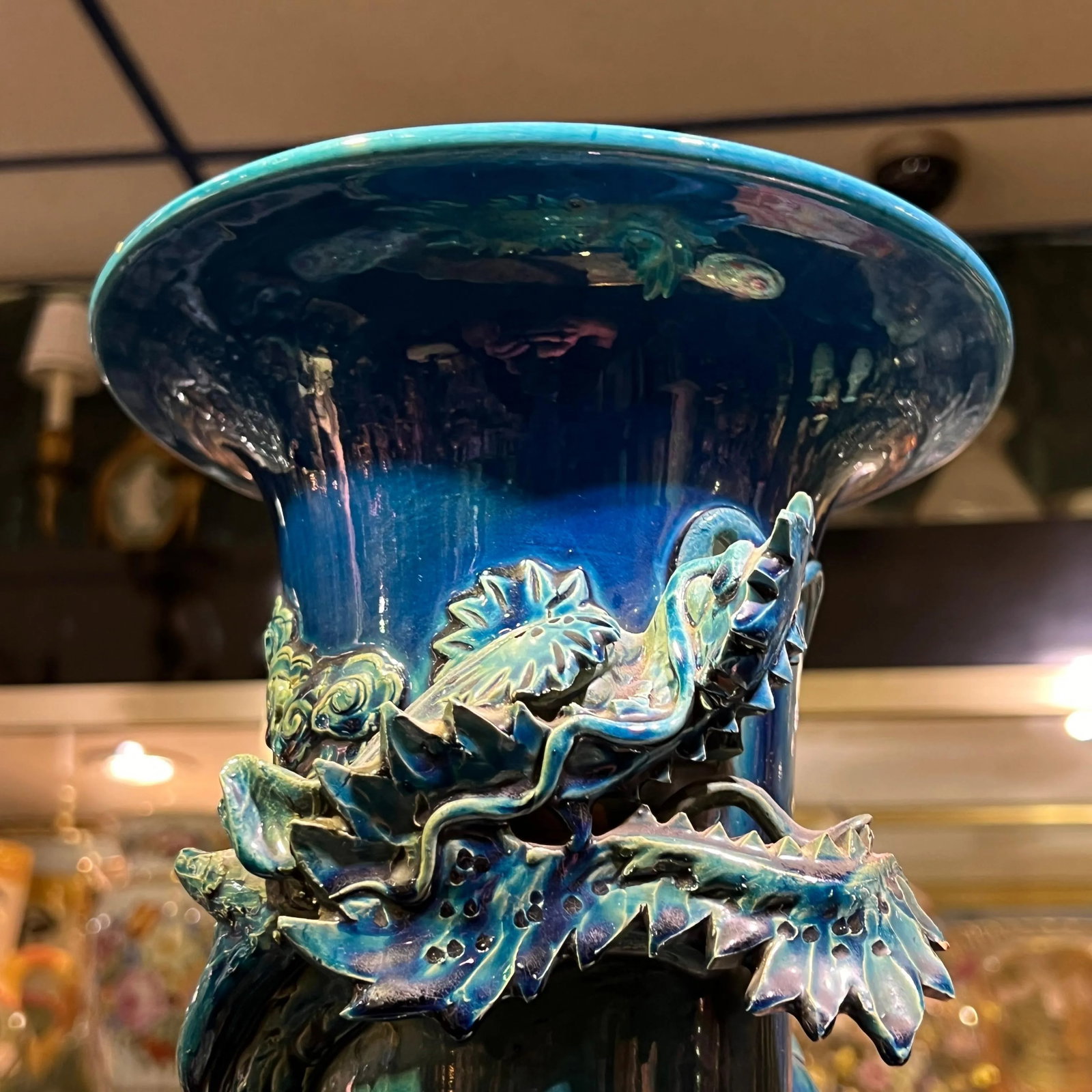 very large Japanese Blue Flambe Glazed Ceramic Dragon Vase - 8