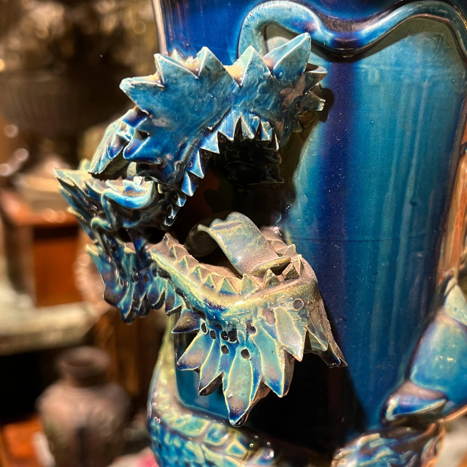 very large Japanese Blue Flambe Glazed Ceramic Dragon Vase - 9