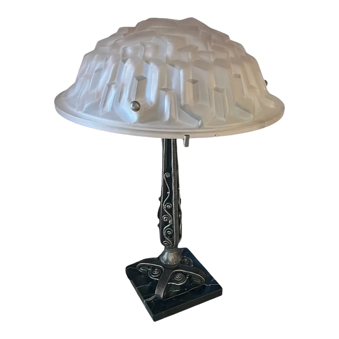 1990s French Art Deco Table Lamp: Beautiful French art deco table lamp with marble base, iron stem and geometric cut glass shade. The base dimensions are 6" by 6" and 1" height. Base to bottom of the shade measures 15". Shade