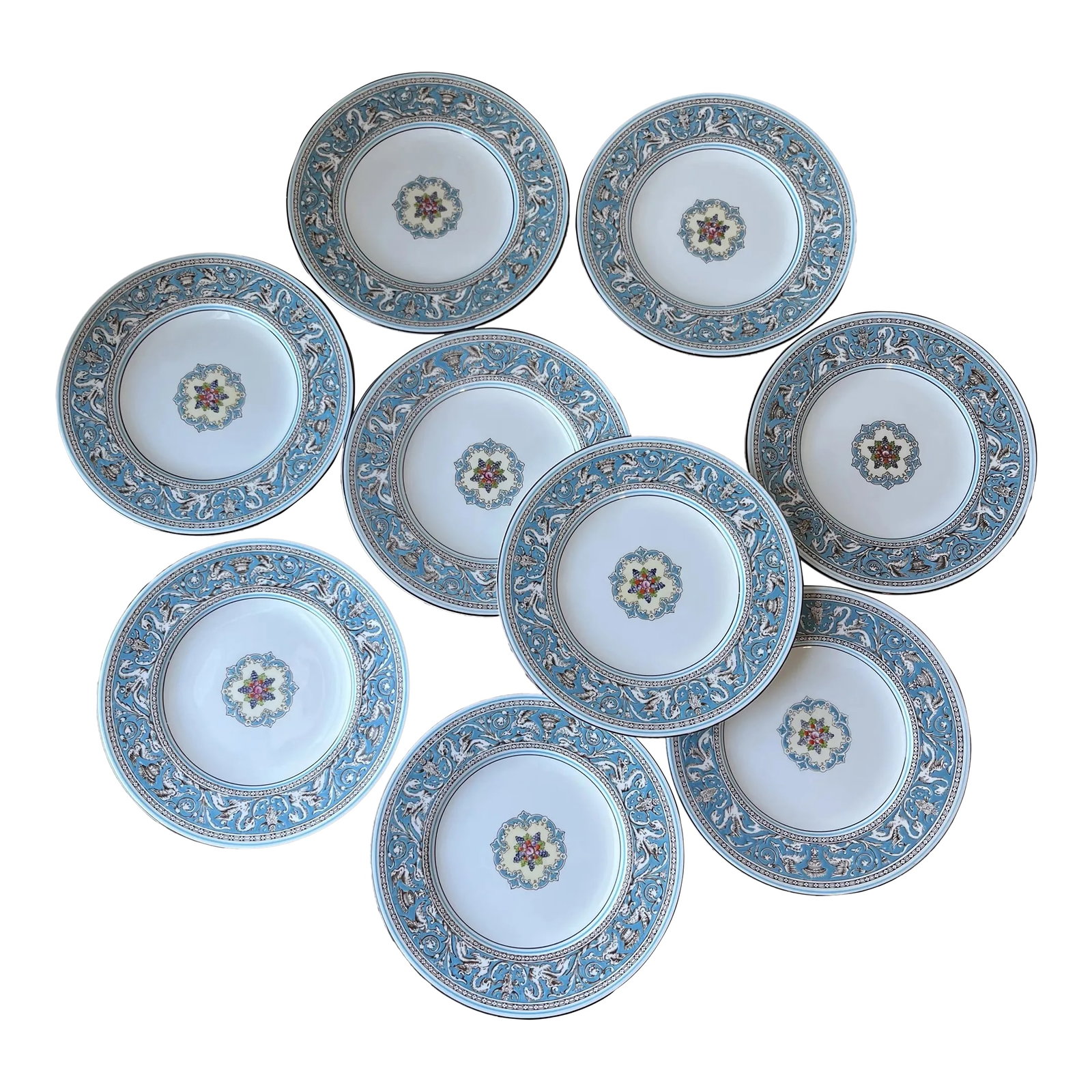 Wedgwood England Florentine Turquoise Salad Plates- Set of 9: Wedgwood Florentine in Turquoise Set of 9 Salad Plates Made in England Bone China 8 1/8" diameter and 0.5" height No chips nor cracks Rim has some worn/faded paint due to use This was first