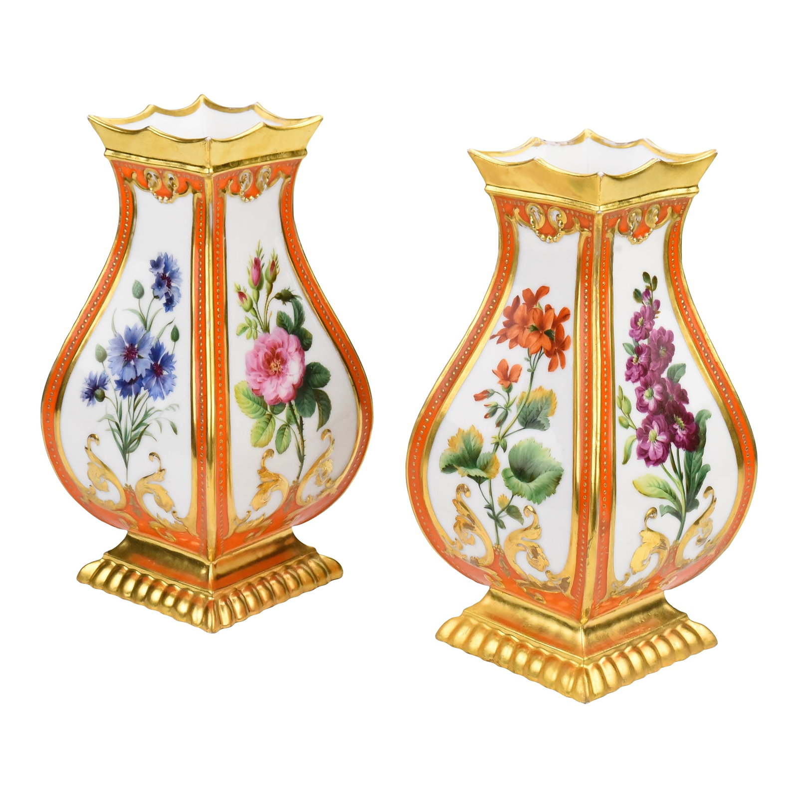 19th Century Feuillet French Paris Porcelain Vases With Flowers- Set of 2 (1 of 8)