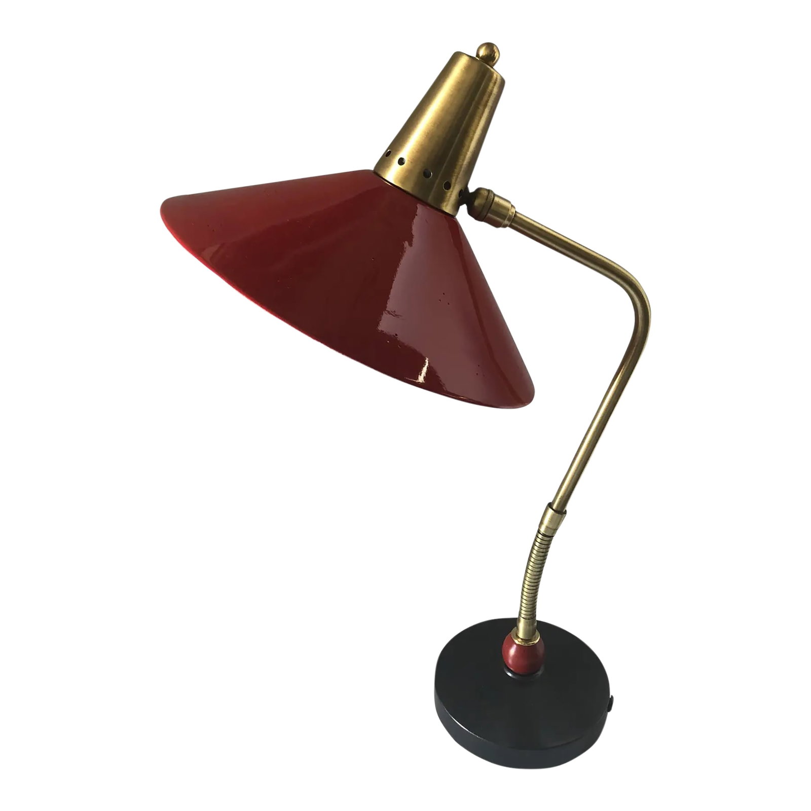 1970s Attributed to Stilnovo Desk Lamp: This is a desk lamp by Stilnovo. It contains brass details, in very good condition. The size of the base is 6.5". It is not marked. Condition: Alterations: Restored Imperfections: Some Imperfections C