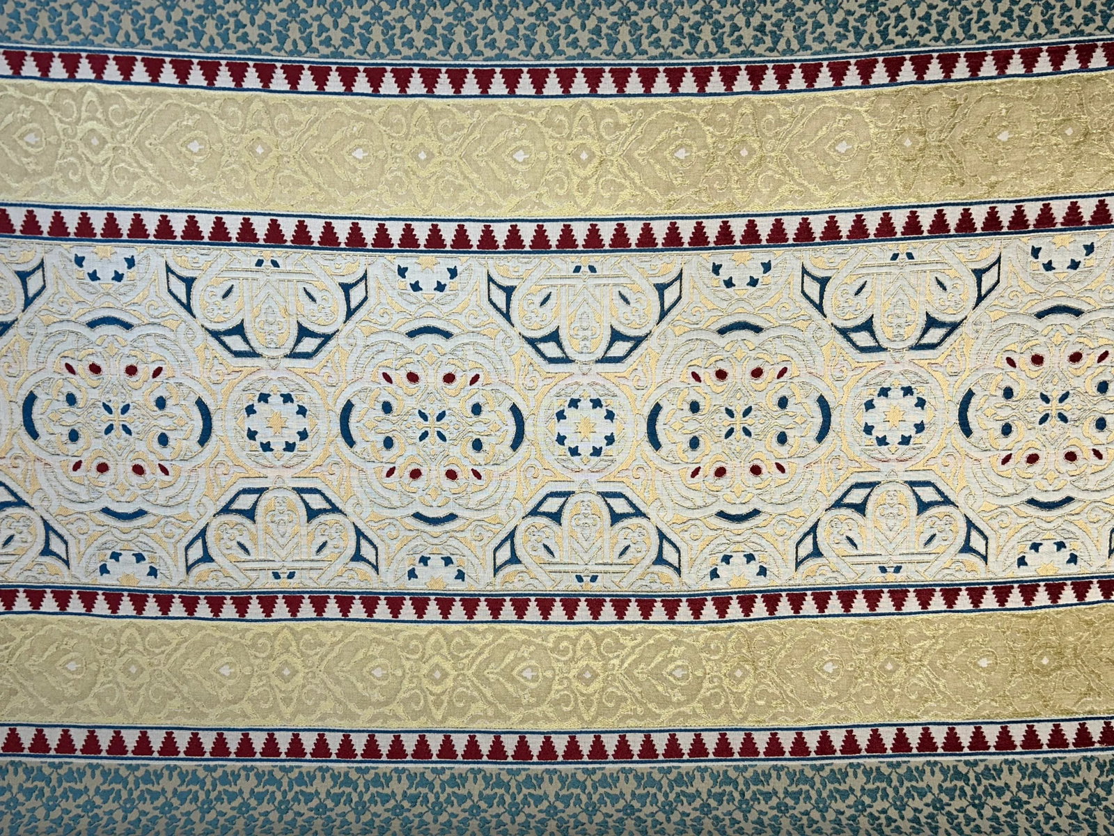 Pierre Frey "Granada" Chenille Jacquard Stripe Fabric- 24 Yards: A classic adaptation of a late 19th century complex textile or carpet in golds, blues, reds and beige. The chenille adds wonderful dimension to the multipurpose quality. Exceeds 8,000 Martindale