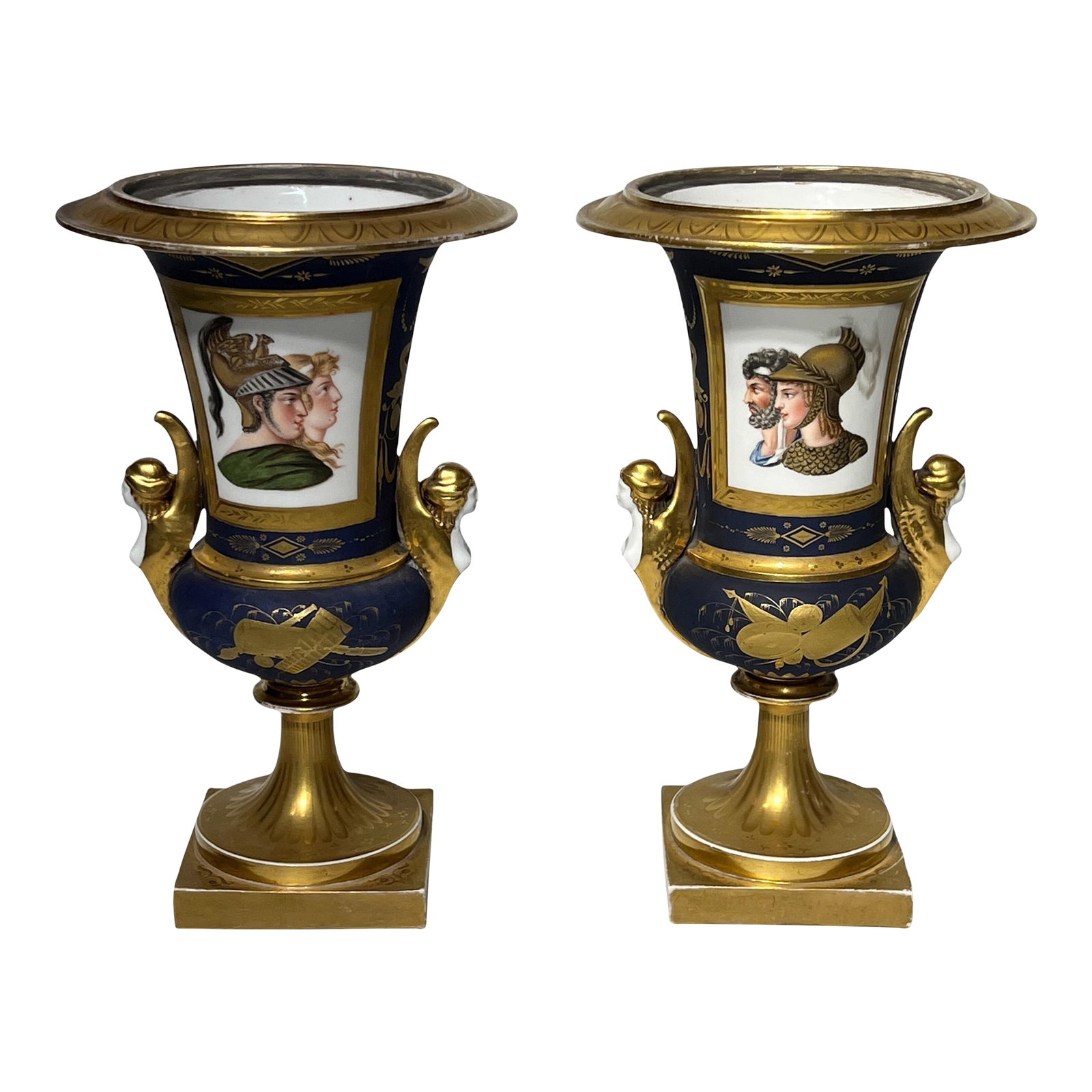 Pair of 19th Century Neoclassical Paris Porcelain Campana Form Vases: Pair of exceptional 19th century Paris porcelain vases in the neoclassical design, with extensive and fine gilt decorations and cartouches depicting Greco-Roman soldiers and winged goddesses at the