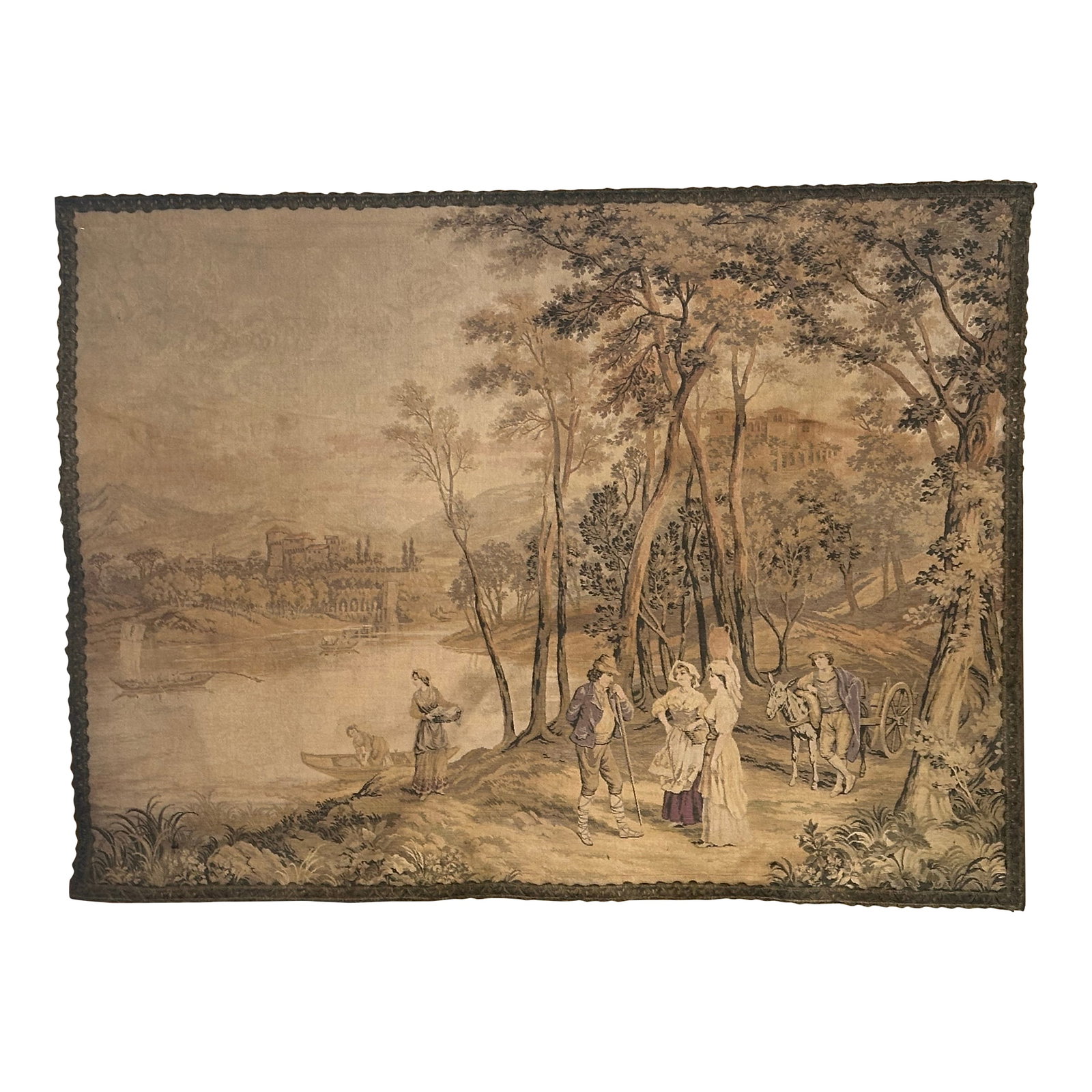 Antique Francois Boucher Large Wide Country French Tapestry Forest Wagon Boats Castle 1890, Trimmed: Antique Francois Boucher Large Wide Country French Tapestry Forest Wagon Boats Castle 1890 56x41" Trimmed in Flat Braid Condition: Alterations: Original Condition Unaltered Imperfections: Some