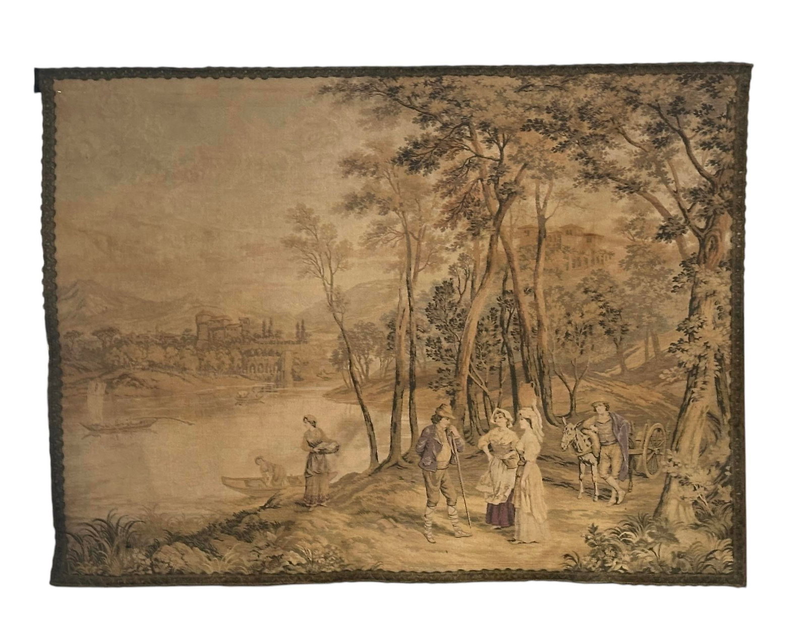 Antique Francois Boucher Large Wide Country French Tapestry Forest Wagon Boats Castle 1890, Trimmed - 2