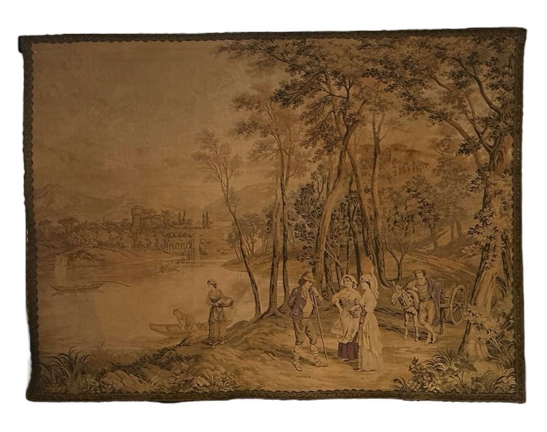 Antique Francois Boucher Large Wide Country French Tapestry Forest Wagon Boats Castle 1890, Trimmed - 3