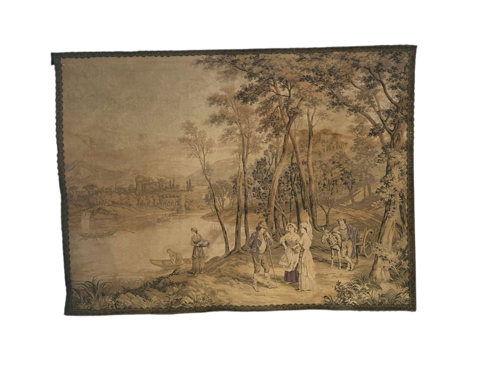 Antique Francois Boucher Large Wide Country French Tapestry Forest Wagon Boats Castle 1890, Trimmed - 4