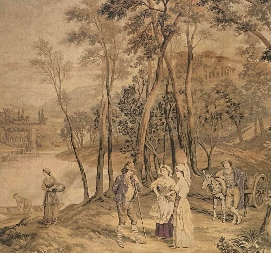 Antique Francois Boucher Large Wide Country French Tapestry Forest Wagon Boats Castle 1890, Trimmed - 5