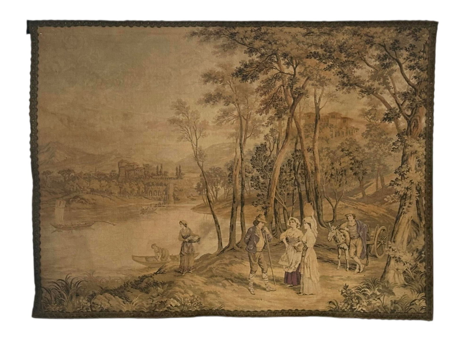 Antique Francois Boucher Large Wide Country French Tapestry Forest Wagon Boats Castle 1890, Trimmed - 6