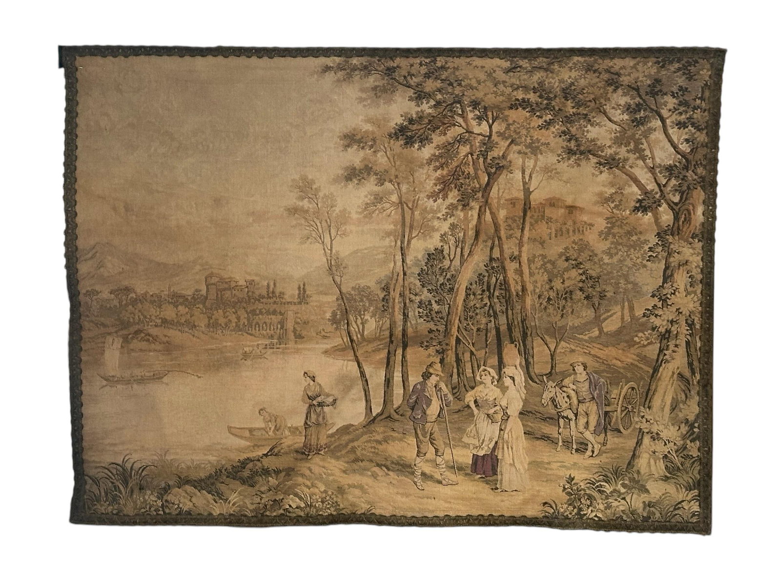 Antique Francois Boucher Large Wide Country French Tapestry Forest Wagon Boats Castle 1890, Trimmed - 8