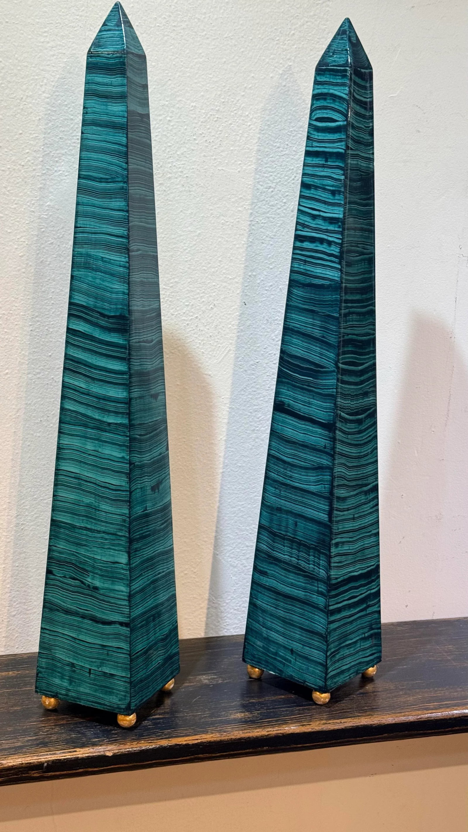 1960s Monumental Pair Faux Malachite Obelisks on Gold Ball Feet - 10