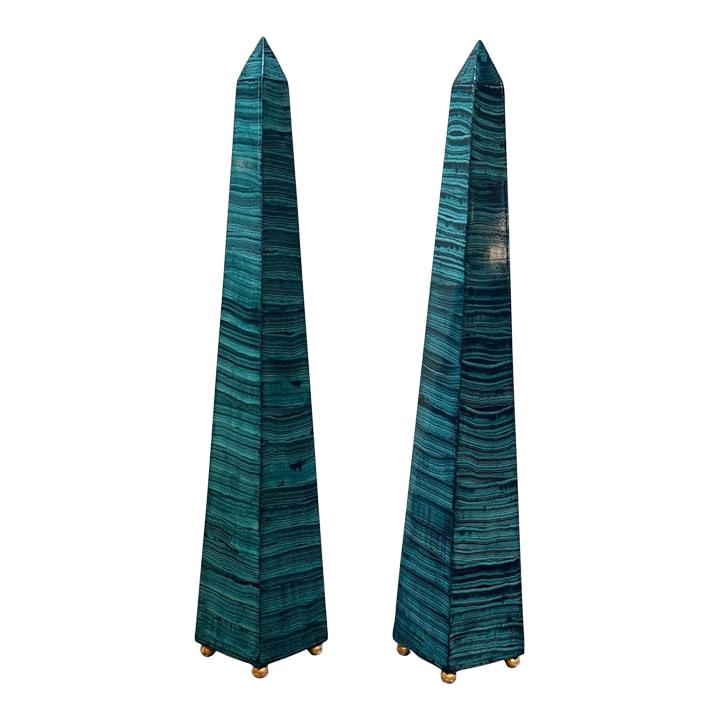 1960s Monumental Pair Faux Malachite Obelisks on Gold Ball Feet: Pair of Handmade Obelisks. Show stopper, Monumental in size, beautifully hand painted Faux Malachite finish on wood with Gold Leaf Ball feet. Perfectly balanced, stable - this pair soars! Condition: A