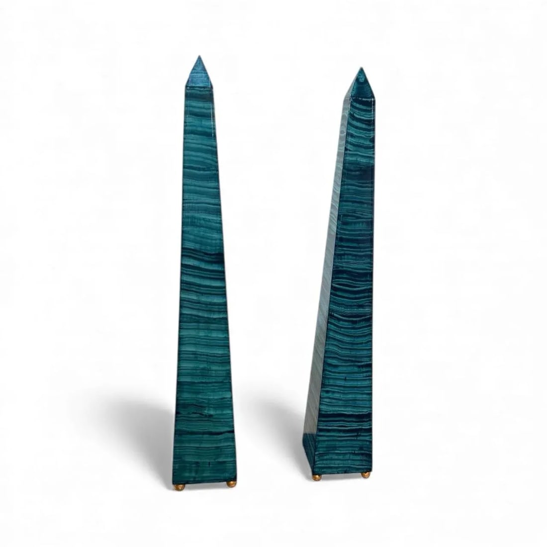 1960s Monumental Pair Faux Malachite Obelisks on Gold Ball Feet - 2