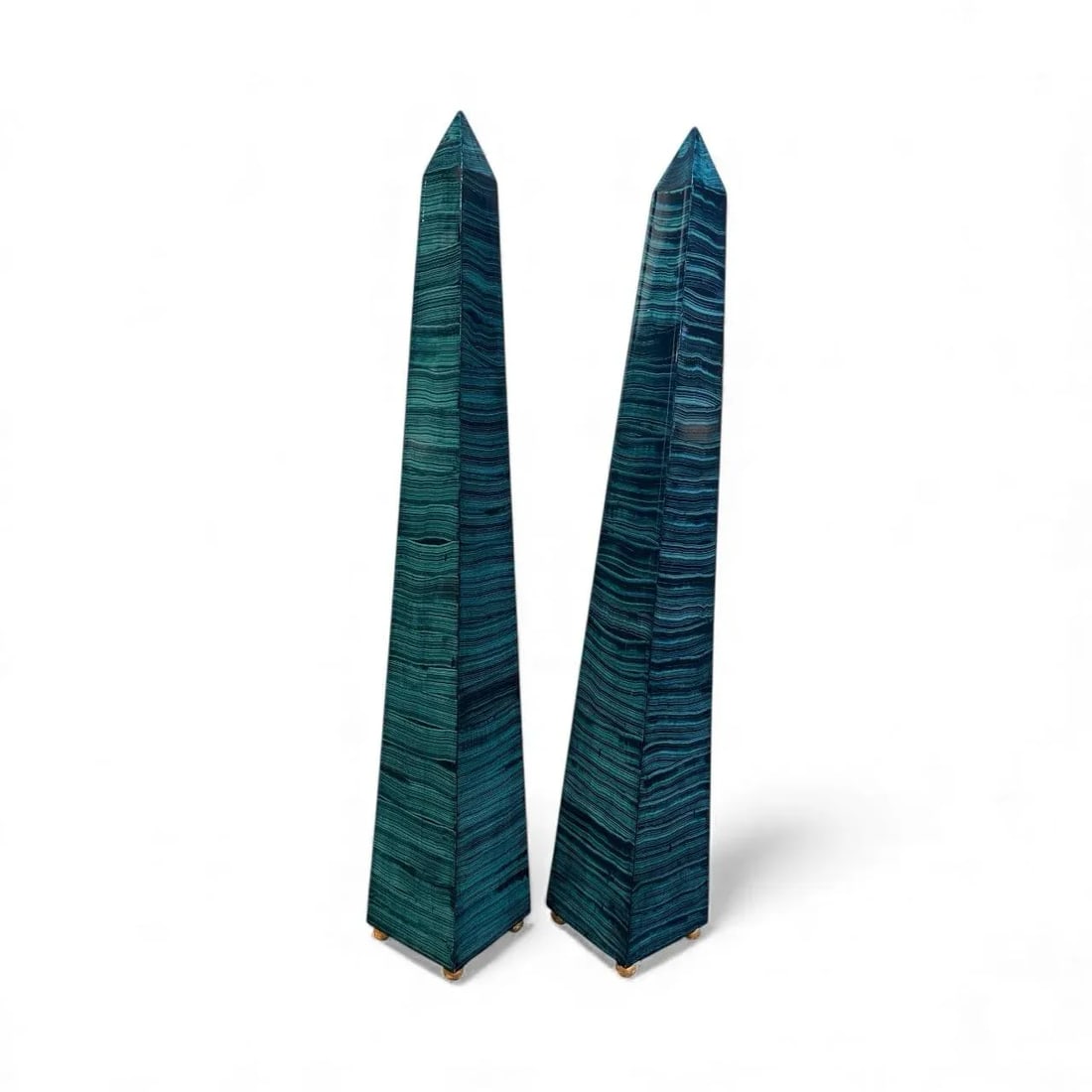 1960s Monumental Pair Faux Malachite Obelisks on Gold Ball Feet - 3