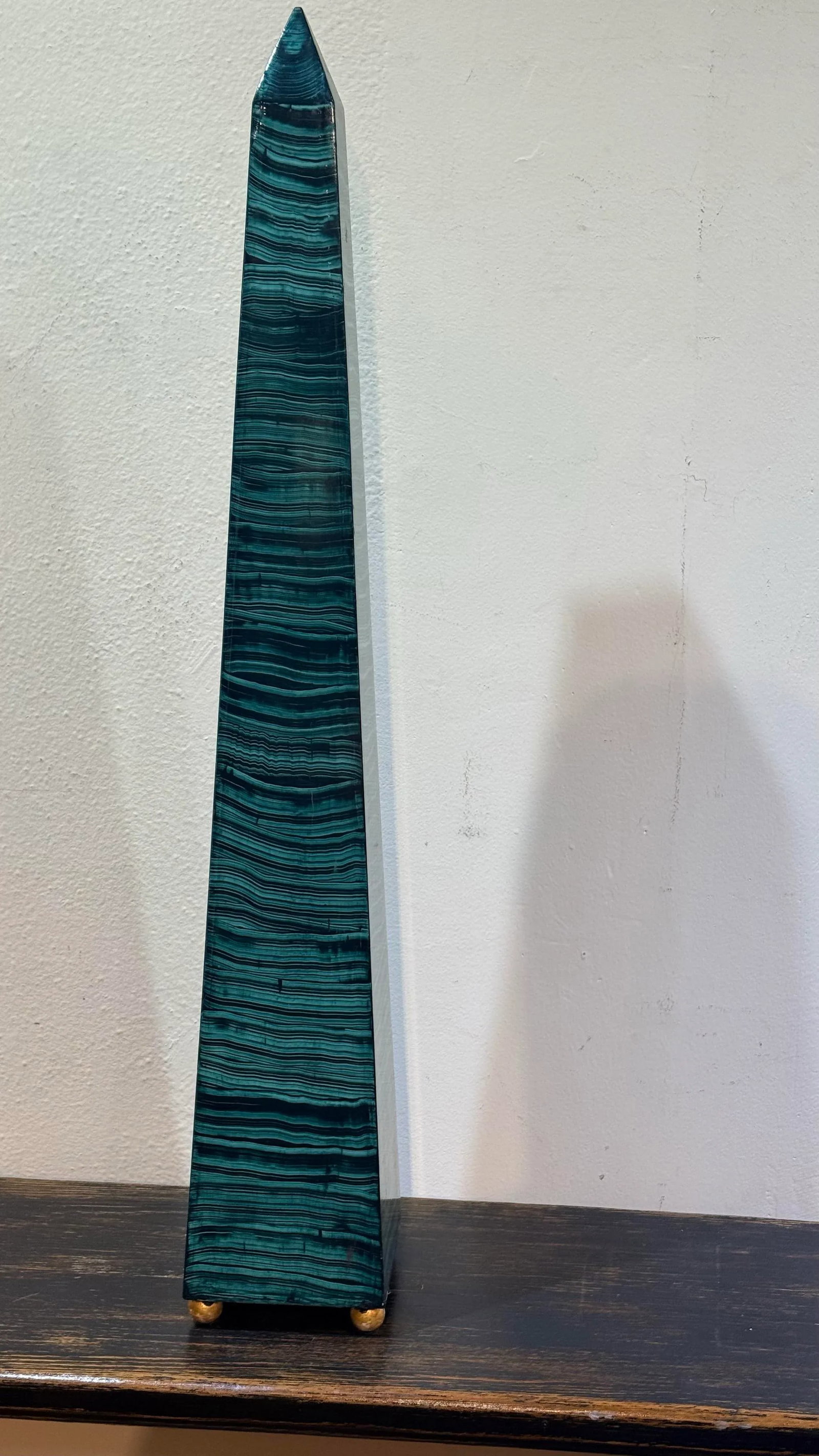 1960s Monumental Pair Faux Malachite Obelisks on Gold Ball Feet - 4