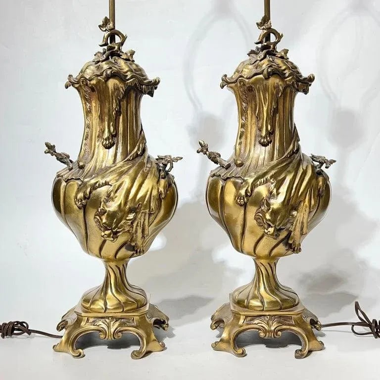 Pair Antique French Gilt Bronze Tables Lamps in the Louis XV Style - 4