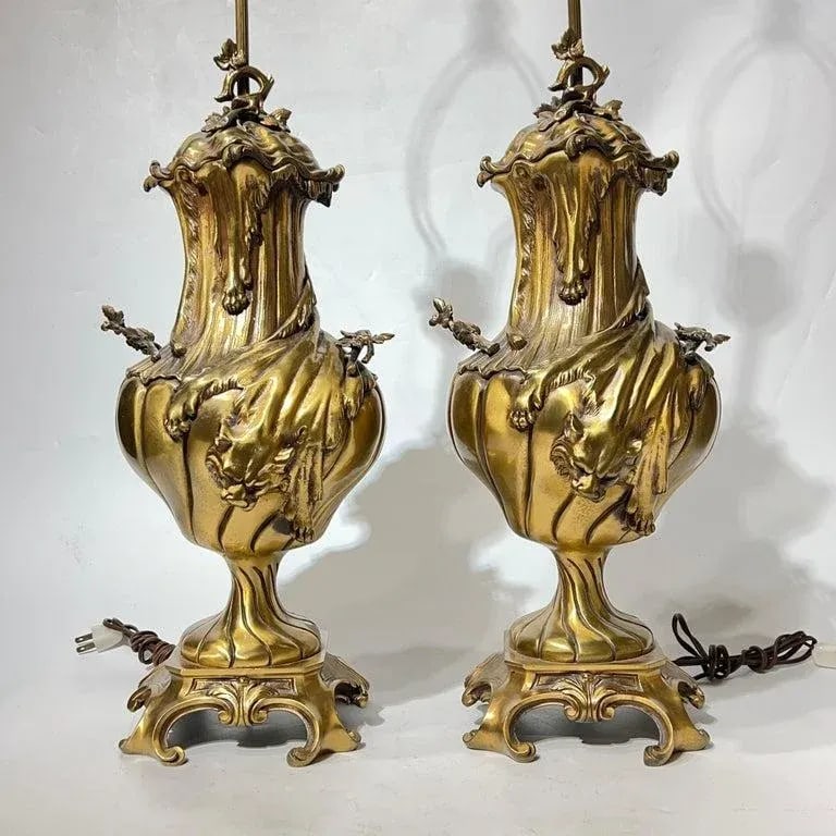 Pair Antique French Gilt Bronze Tables Lamps in the Louis XV Style - 5