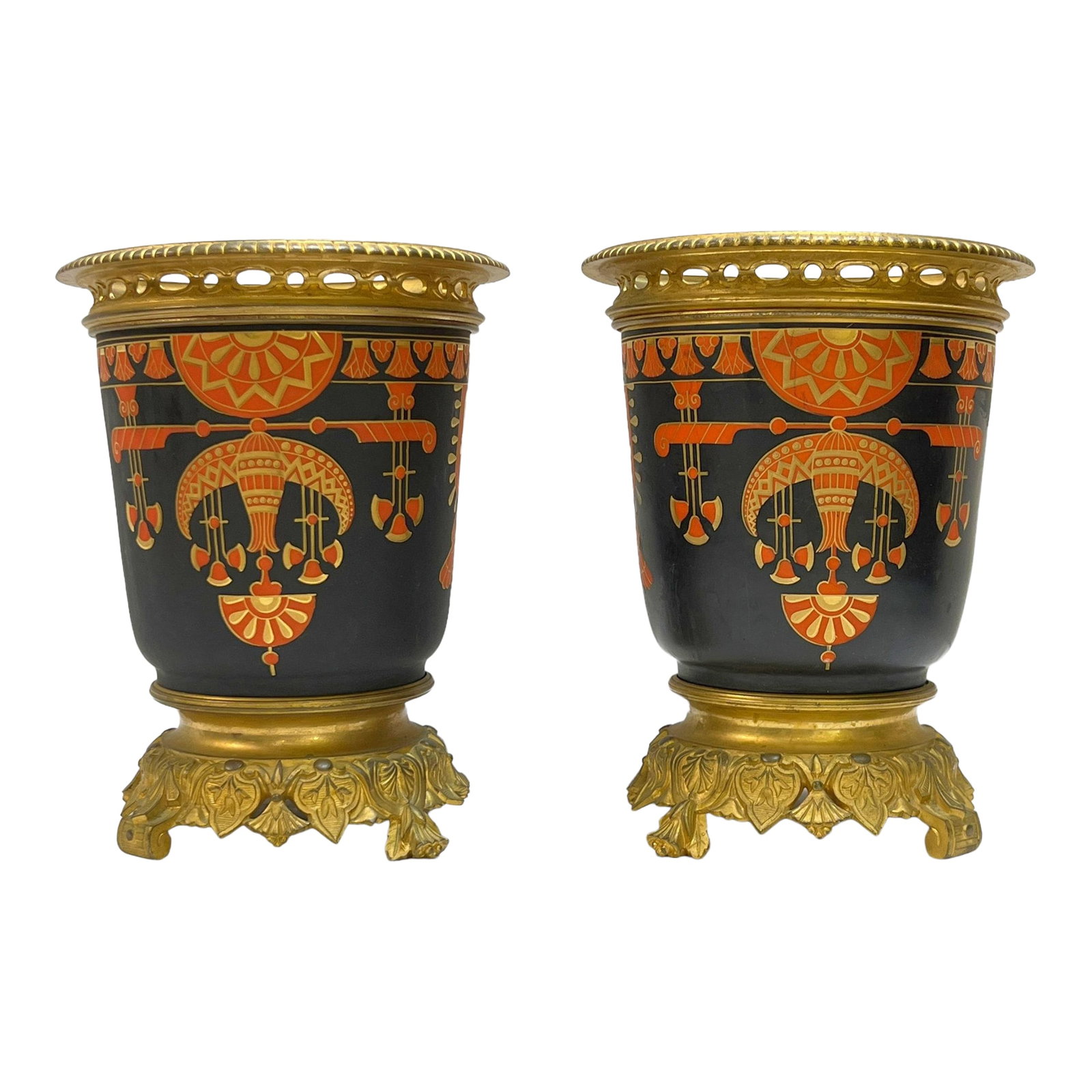 Pair 19th Century Egyptian Revival Period Gilt Bronze Vases: Pair of 19th century French gilt bronze vases or cachepots (planters) in the French Empire style, circa 1880s, distinguished by their cold-painted Egyptian designs in red, gold and black. Condition: