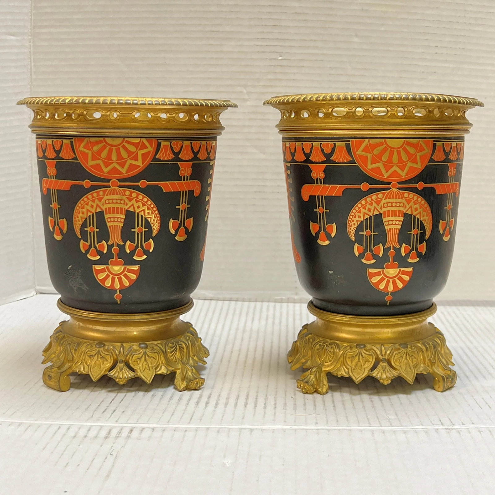 Pair 19th Century Egyptian Revival Period Gilt Bronze Vases - 2