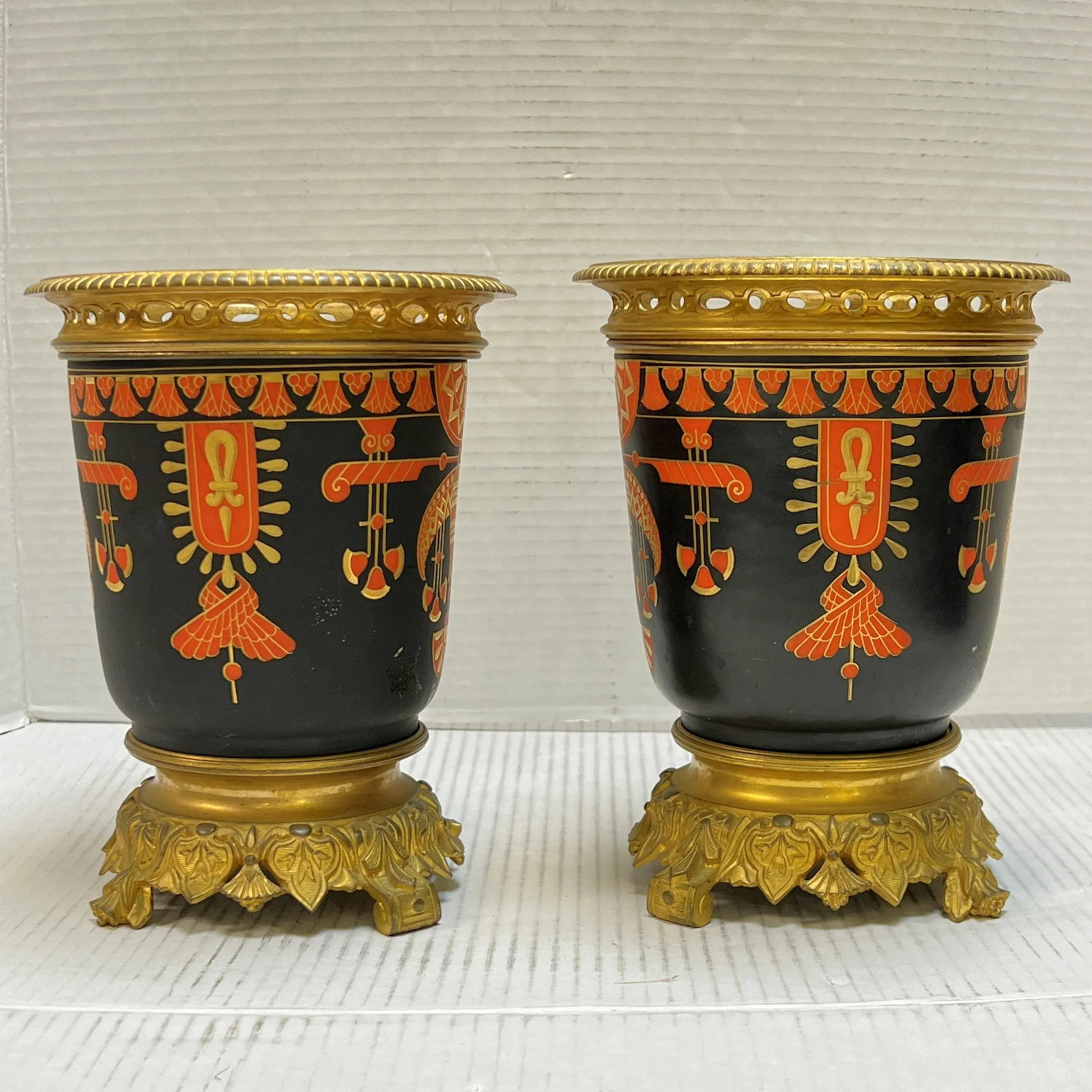 Pair 19th Century Egyptian Revival Period Gilt Bronze Vases - 4
