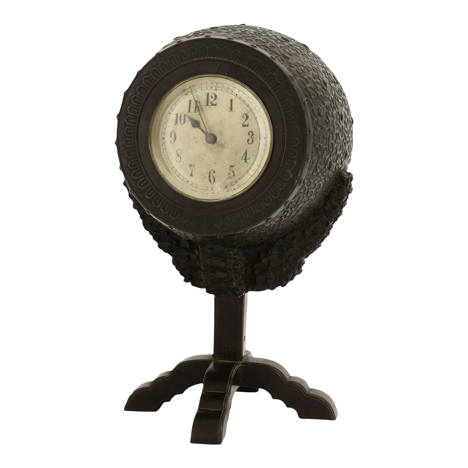 Antique Japanese Bronze Barrel Form Table or Mantel Clock: Very unique antique (late 19th to early 20th century) table or mantel clock in the Japonisme style, possibly of continental origin, in the form of a Japanese drum or barrel on stand, exceptionally