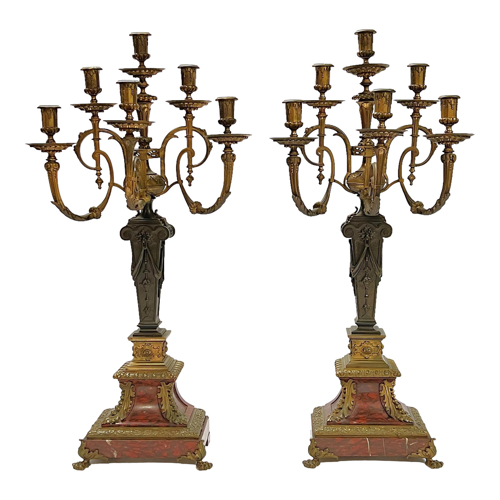 Pair 19th Century French Empire Style Rouge Marble and Bronze Candelabra (1 of 9)