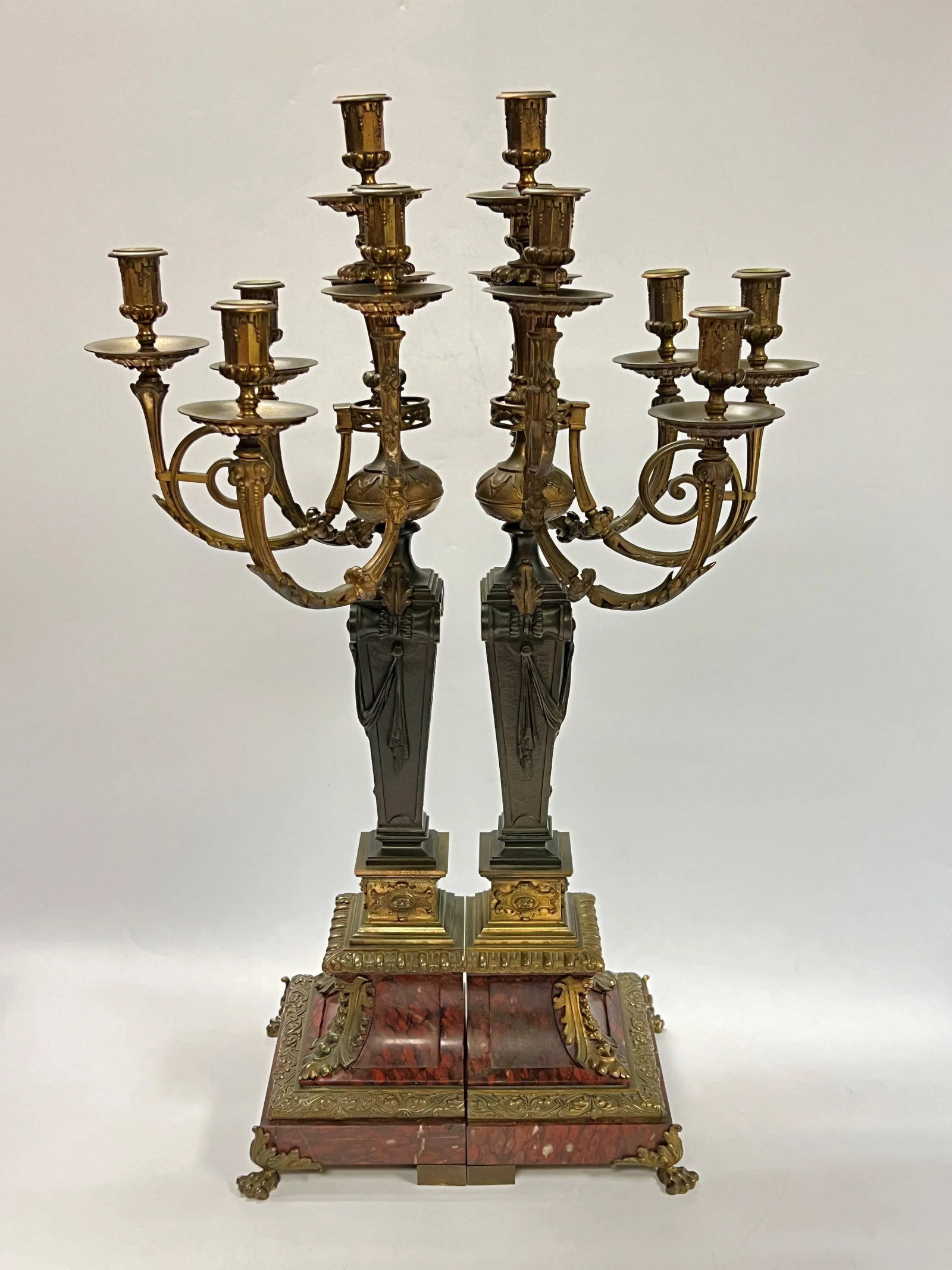 Pair 19th Century French Empire Style Rouge Marble and Bronze Candelabra - 2