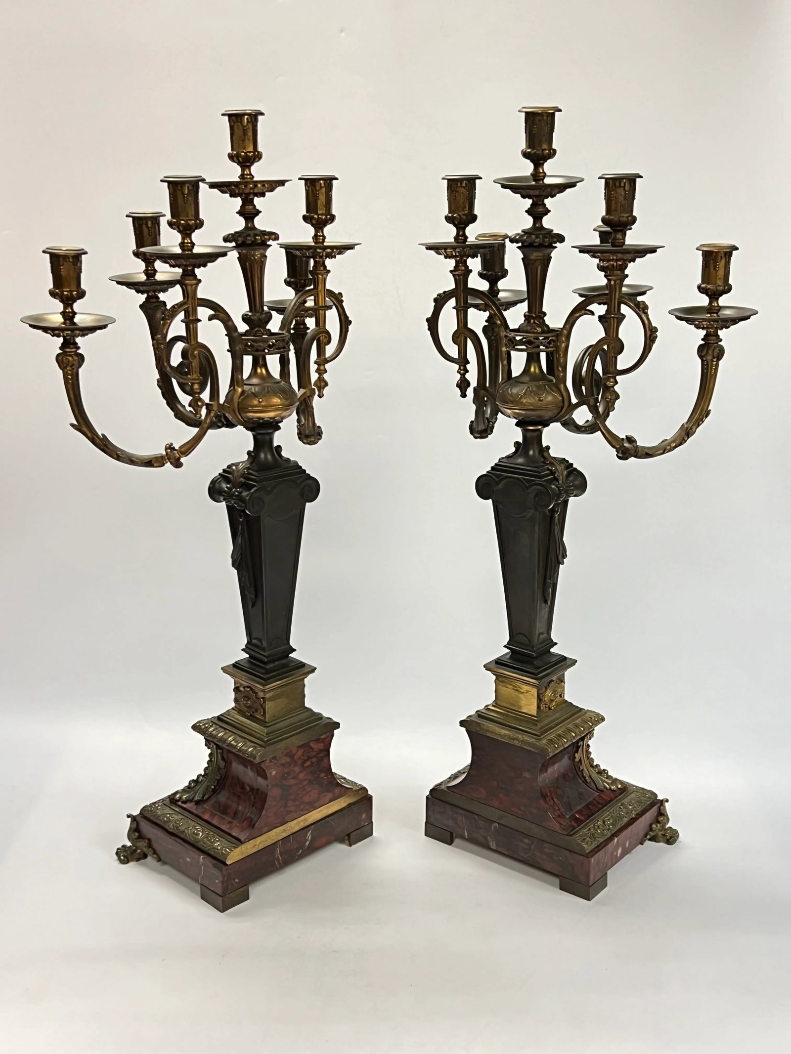 Pair 19th Century French Empire Style Rouge Marble and Bronze Candelabra - 3