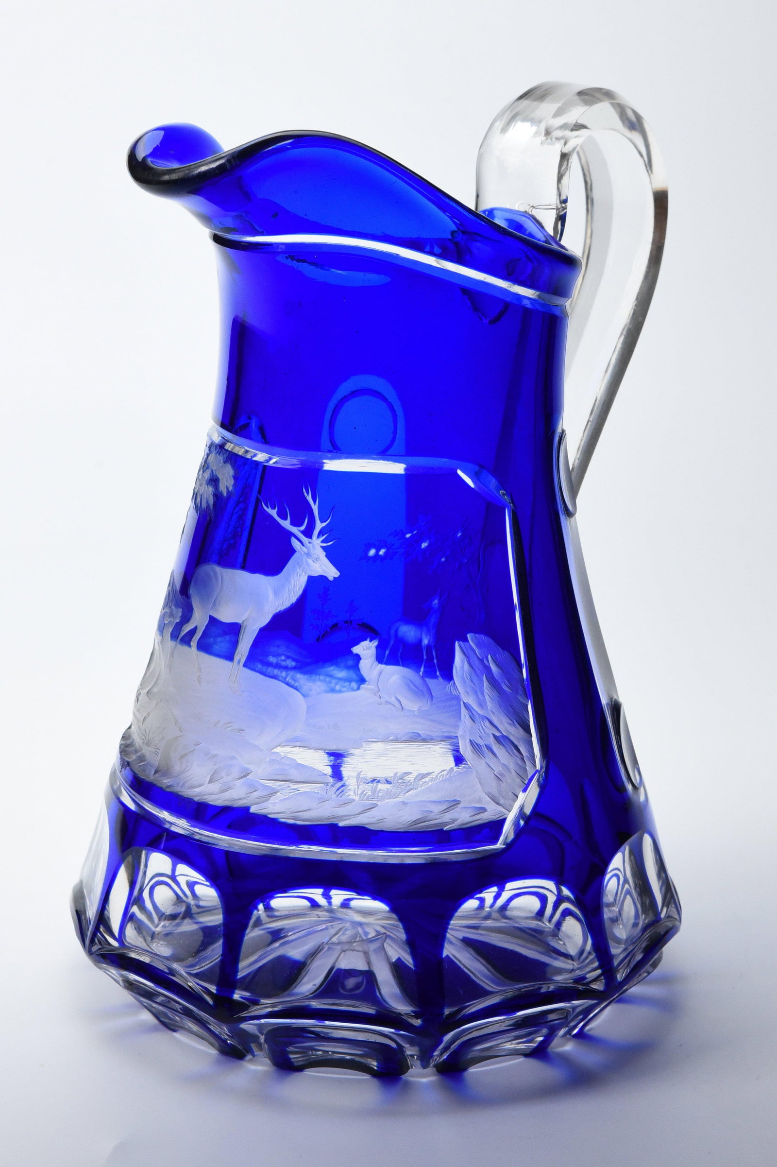 Mid 19th Century Cobalt Engraved and Cut Overlay Glass Pitcher - 3