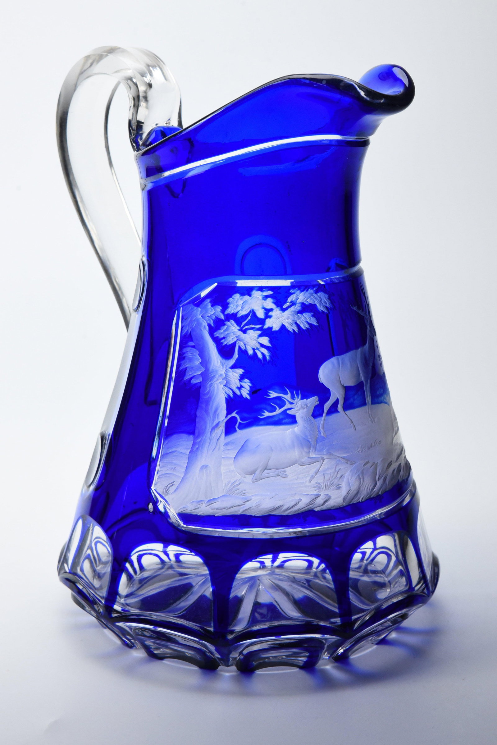 Mid 19th Century Cobalt Engraved and Cut Overlay Glass Pitcher - 4