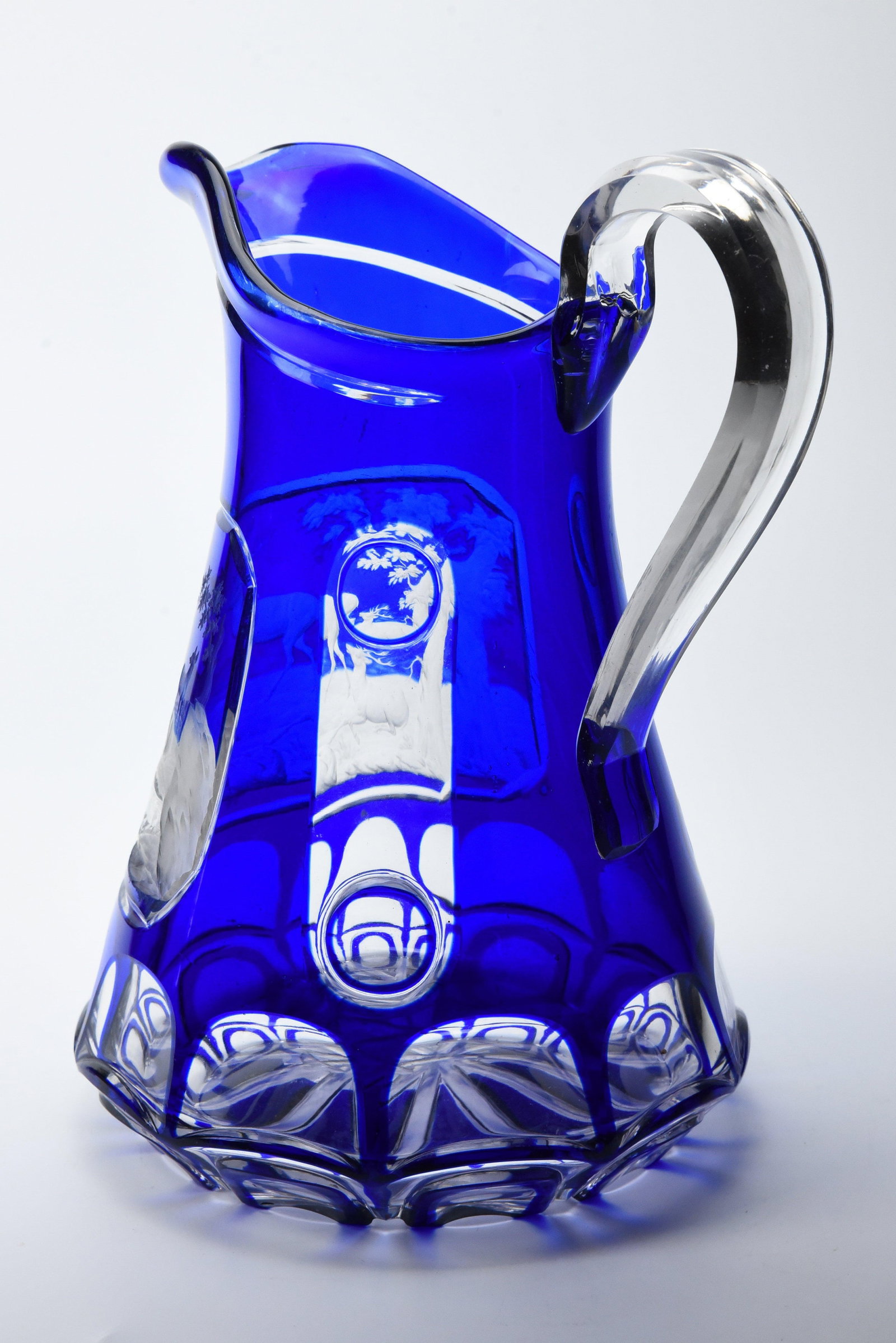 Mid 19th Century Cobalt Engraved and Cut Overlay Glass Pitcher - 5