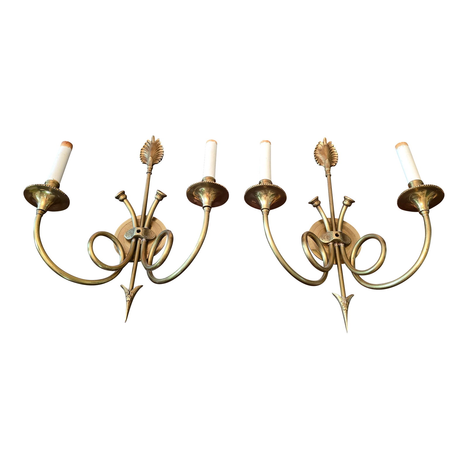 Pair of Vintage Hollywood Regency Empire Sconces: A superb quality vintage original from the mid century modern era Hollywood Glamour Regency genre a pair of gilded empire style arrow sconces. Rich patinated gilt gold ( original gold gilding ) with s