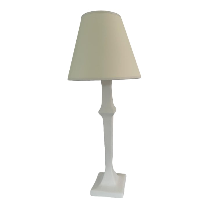 Bespoke Modern Sculptural Plaster Table Lamp: Beautiful Bespoke Table Lamp in French plaster texture, with brown silk wiring and New white shade. Maker of the article is unknown (No present labels or marks) Condition: Alterations: Original Condit