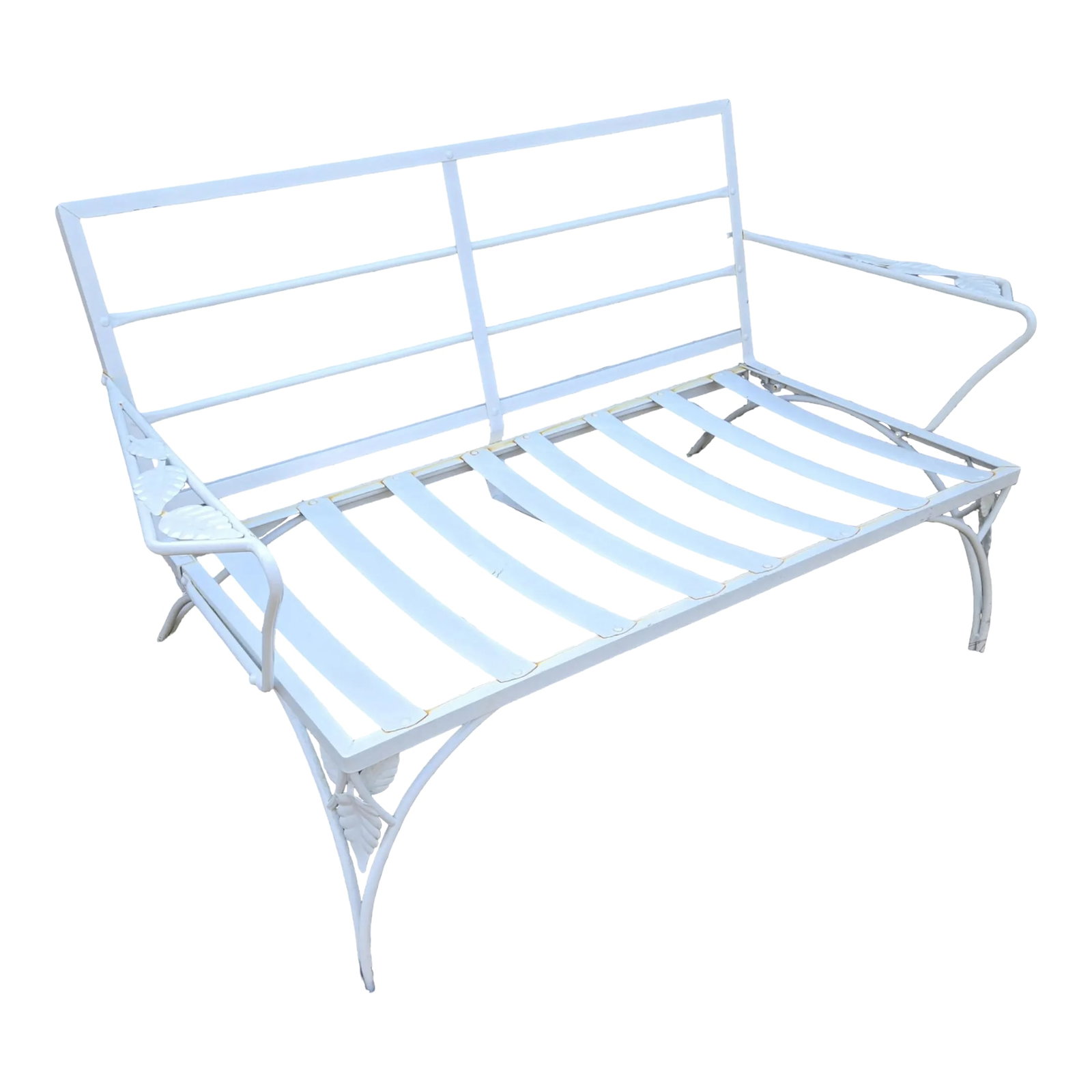 Vintage Wrought Iron Outdoor Patio Loveseat/Settee: Vintage Wrought Iron Outdoor Patio Loveseat/Settee This 2 person loveseat is made of heavy duty wrought iron and has been previously powdercoated in a gloss white finish. The arm rests and legs