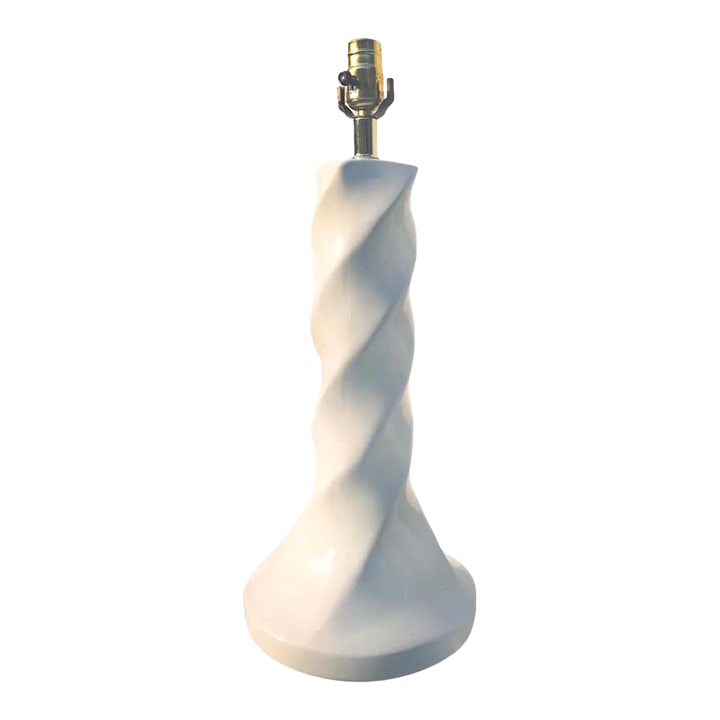 1980s Russel Wright Attributed White Glaze Ceramic Twist Form Table Lamp: Sexy, sculptural tall gradient twist from white ceramic body. Consistent overall glaze which has one small chip on back of base that has been repaired by our workshop. Original wiring, harp shade