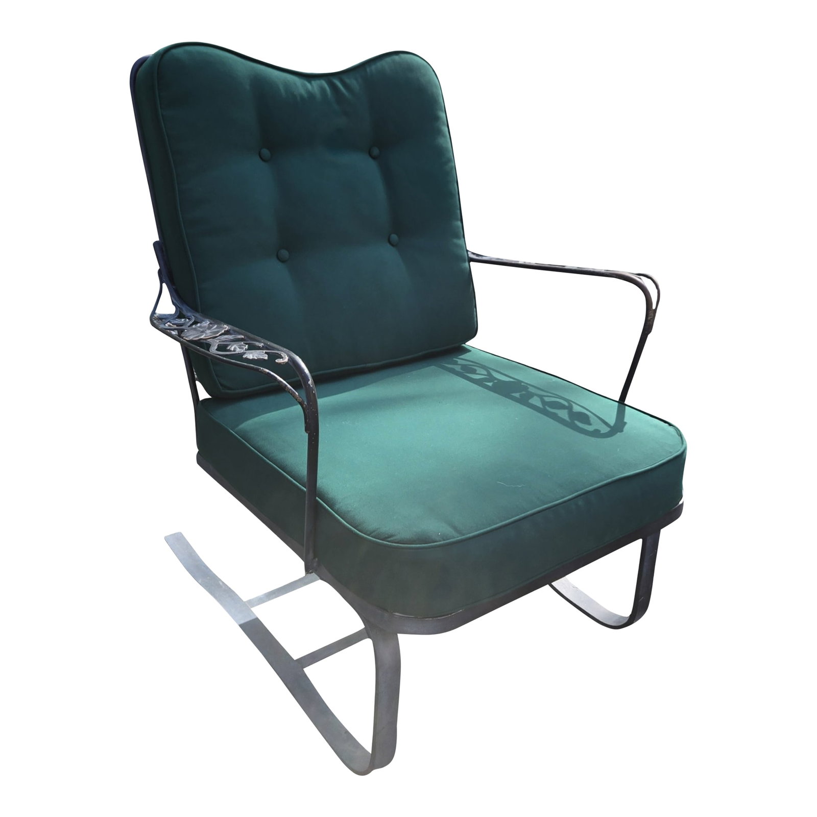 Vintage Wrought Iron Outdoor Patio Chair: Vintage Wrought Iron Patio Chair with Sunbrella Cushion This wrought iron patio chair features the Windflower pattern of the 1950's Originally designed by Lyon Shaw, this hard to find bouncer chair is