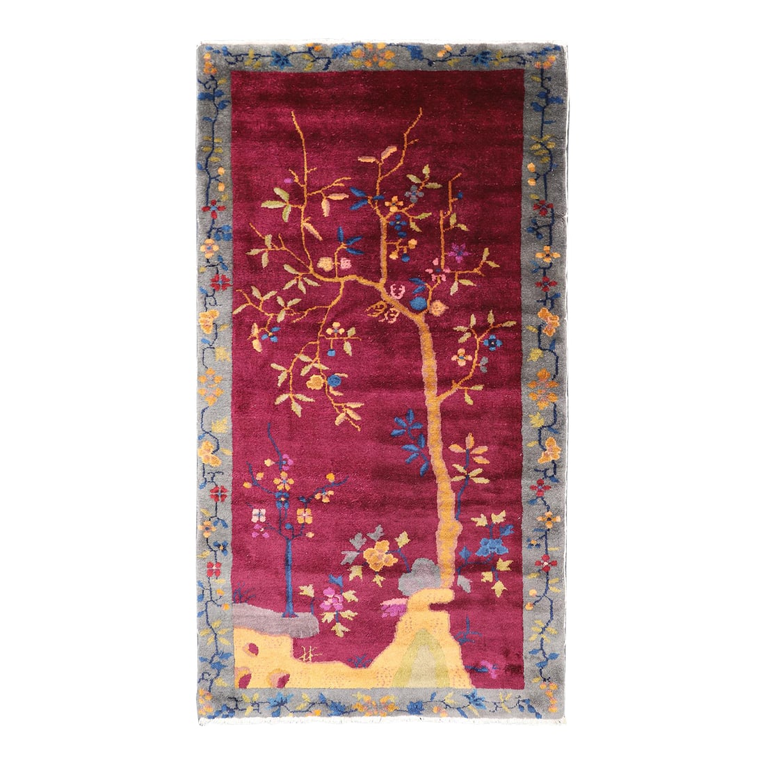 3'x6" Vintage Chinese Art Deco Rug | Tree of Life Design | Burgundy Deco Rug: Discover the artistry of our Vintage Chinese Art Deco Wool Rug, a richly hued burgundy statement piece. Hand-knotted with exceptional precision, it showcases a striking Tree of Life design,