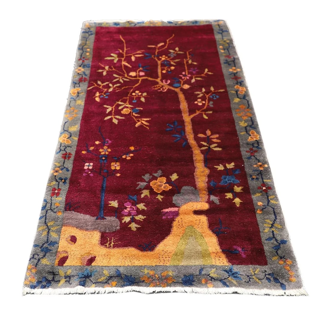 3'x6" Vintage Chinese Art Deco Rug | Tree of Life Design | Burgundy Deco Rug - 2
