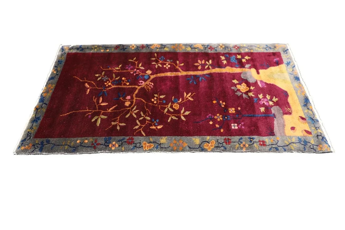 3'x6" Vintage Chinese Art Deco Rug | Tree of Life Design | Burgundy Deco Rug - 3