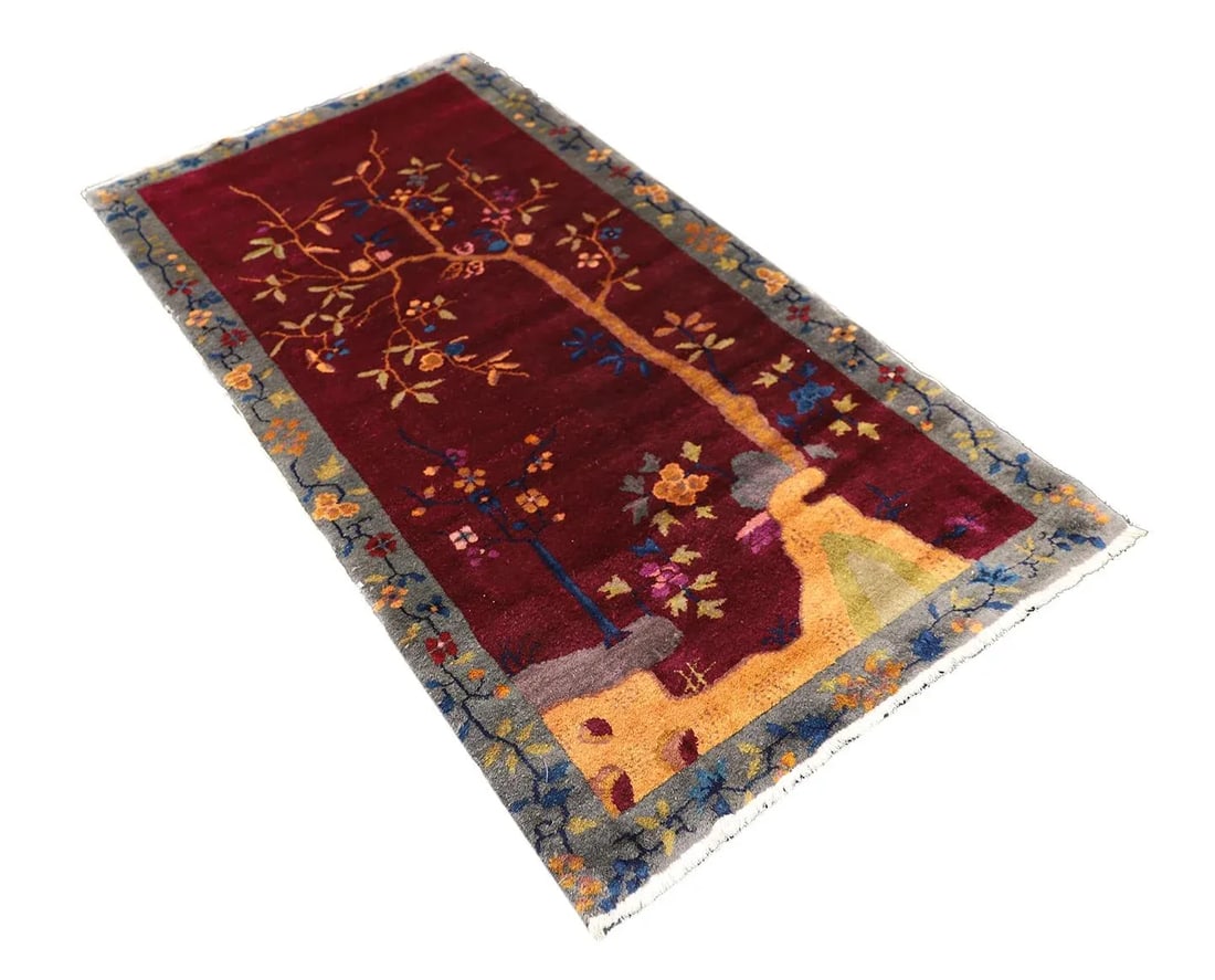 3'x6" Vintage Chinese Art Deco Rug | Tree of Life Design | Burgundy Deco Rug - 5